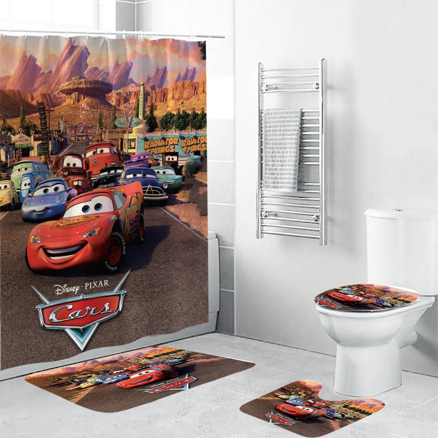 Cars Poster 1 4PCS Shower Curtain Non-Slip Toilet Lid Cover Bath Mat - Bathroom Set Fans Gifts