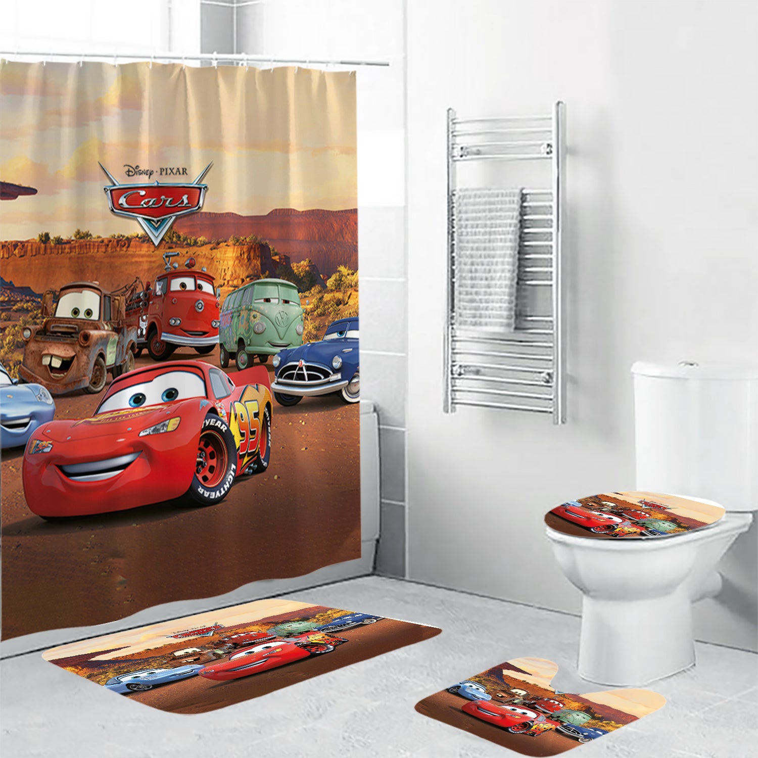 Cars Poster 3 4PCS Shower Curtain Non-Slip Toilet Lid Cover Bath Mat - Bathroom Set Fans Gifts