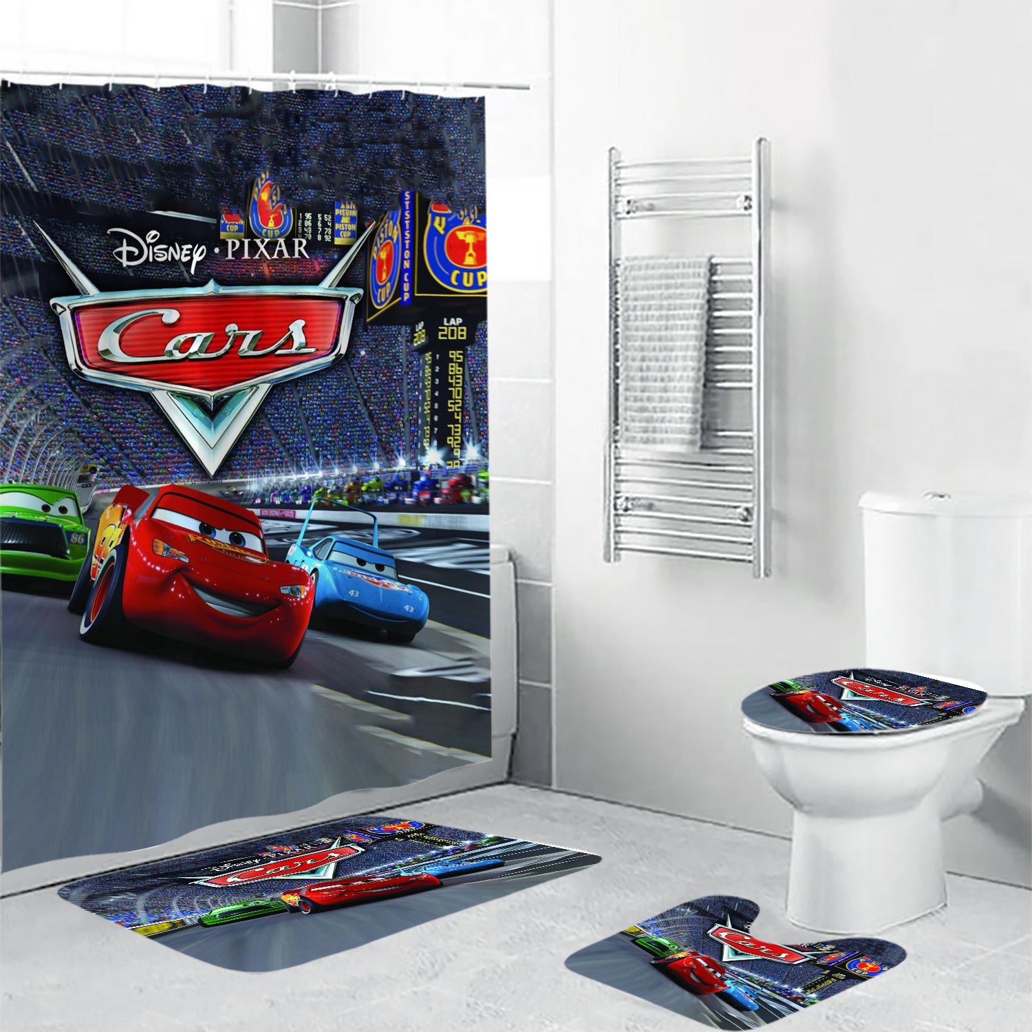 Cars Poster 4 4PCS Shower Curtain Non-Slip Toilet Lid Cover Bath Mat - Bathroom Set Fans Gifts