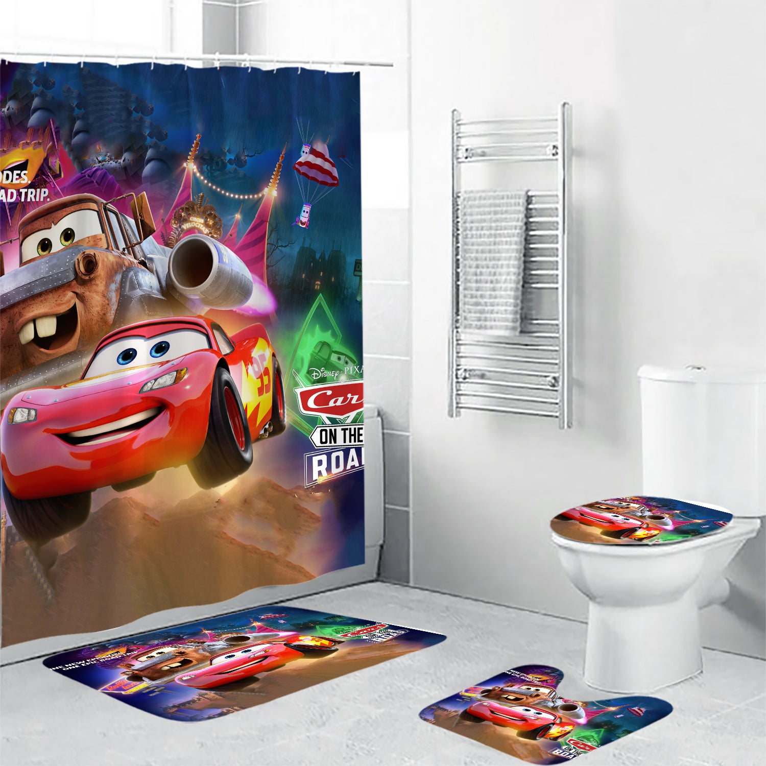 Cars Poster 5 4PCS Shower Curtain Non-Slip Toilet Lid Cover Bath Mat - Bathroom Set Fans Gifts