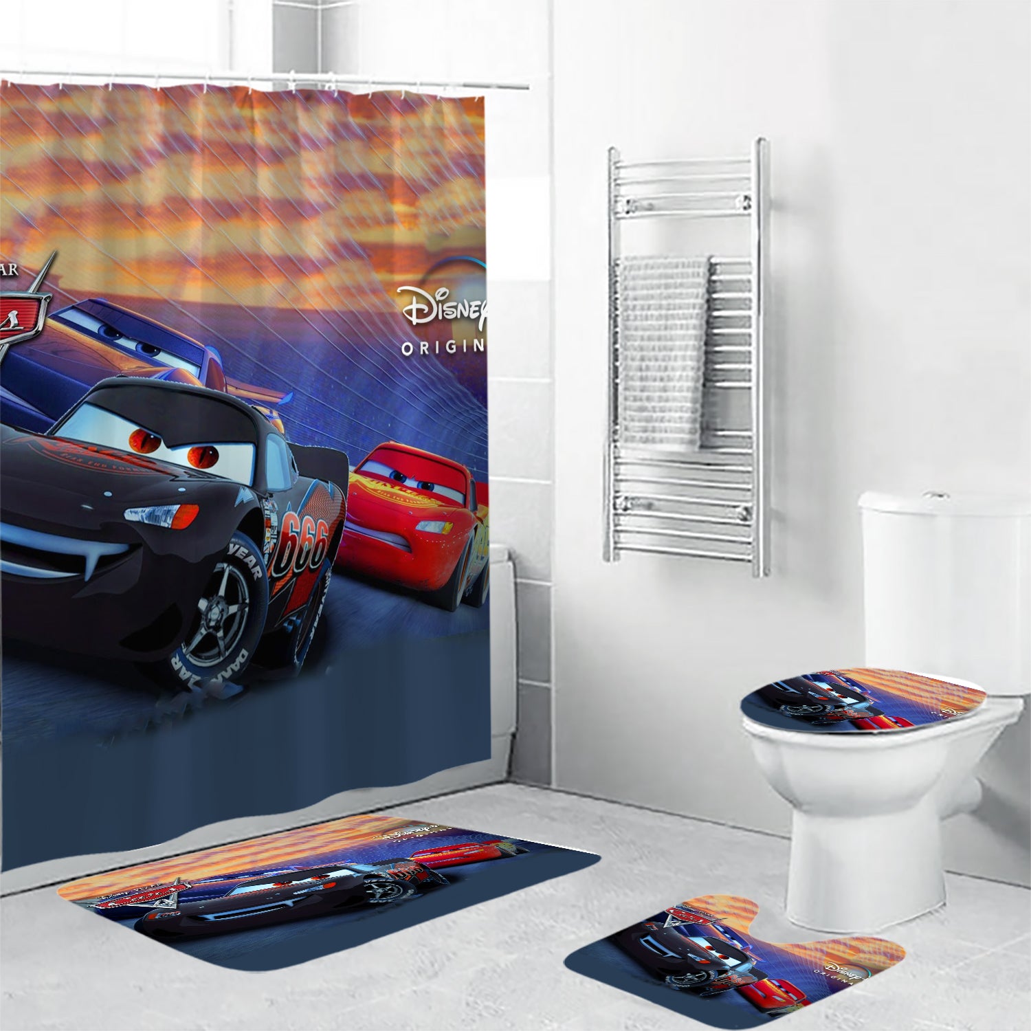 Cars Poster 7 4PCS Shower Curtain Non-Slip Toilet Lid Cover Bath Mat - Bathroom Set Fans Gifts