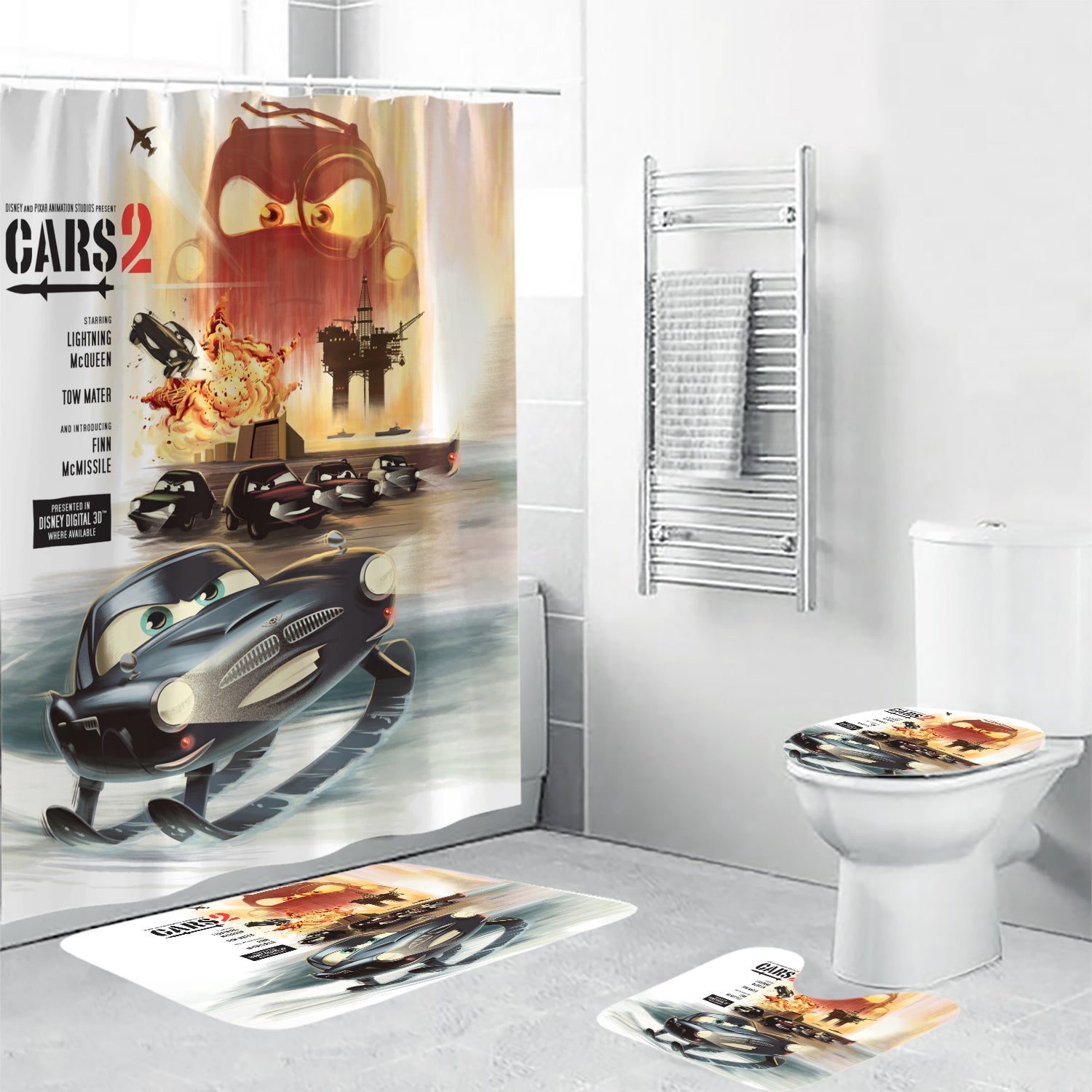Cars Poster 8 4PCS Shower Curtain Non-Slip Toilet Lid Cover Bath Mat - Bathroom Set Fans Gifts