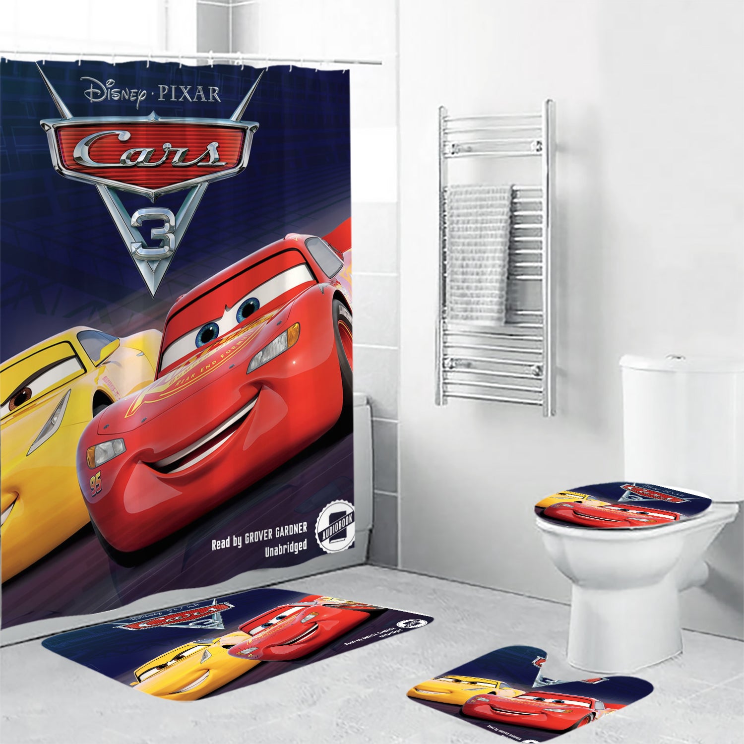Cars Poster 9 4PCS Shower Curtain Non-Slip Toilet Lid Cover Bath Mat - Bathroom Set Fans Gifts