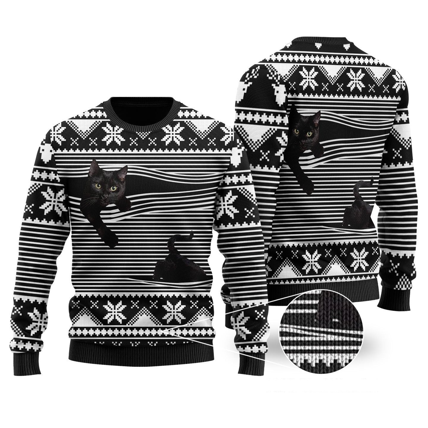 Cat Christmas Sweater Black Cat Christmas Pattern Black White 3d Ugly Sweater 4501