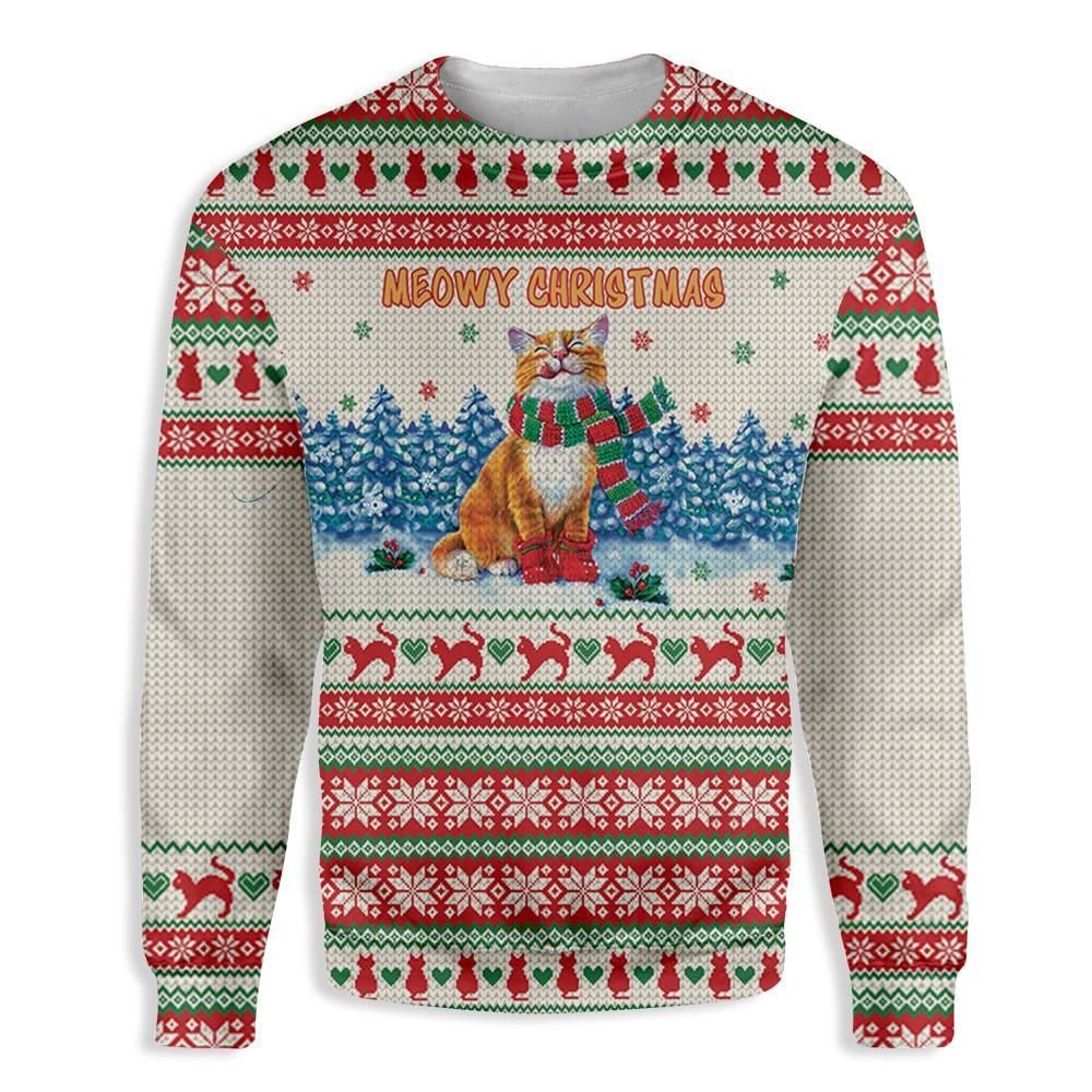 Cat Christmas Sweater Cat Meowy Christmas Cat And Snowflakes Pattern White Red Ugly Sweater 5804