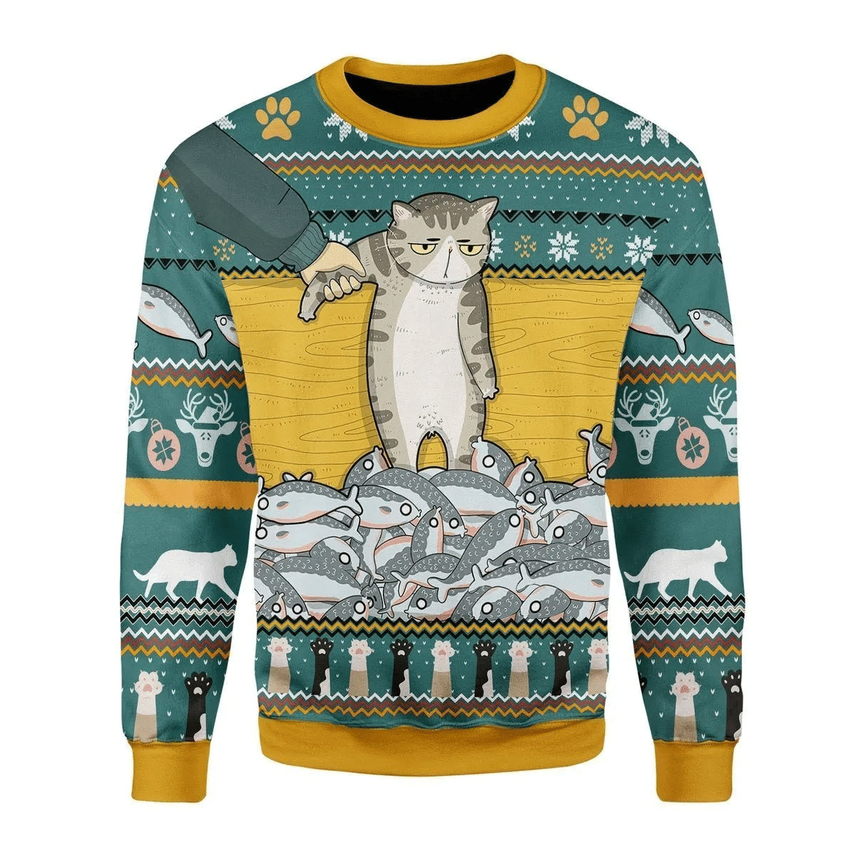 Cat Christmas Sweater Cat With Fish Funny Ugly Sweater 6037