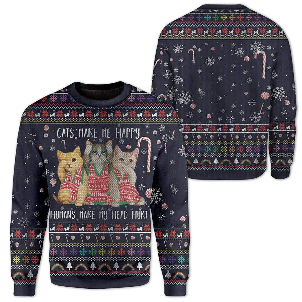 Cat Christmas Sweater Cats Make Me Happy Humans Make My Head Hurt Christmas Pattern Ugly Sweater 8416