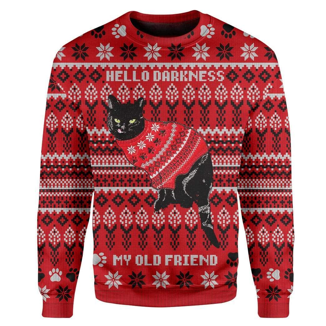Cat Christmas Sweater Hello Darkness My Old Friend Black Cat Red Ugly Sweater 5327