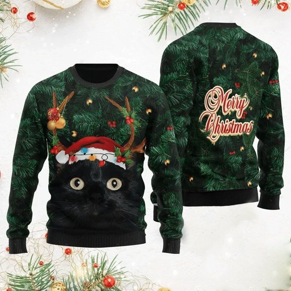 Cat Christmas Sweater Merry Christmas Black Cat Christmas Tree 3d Ugly Sweater 3485