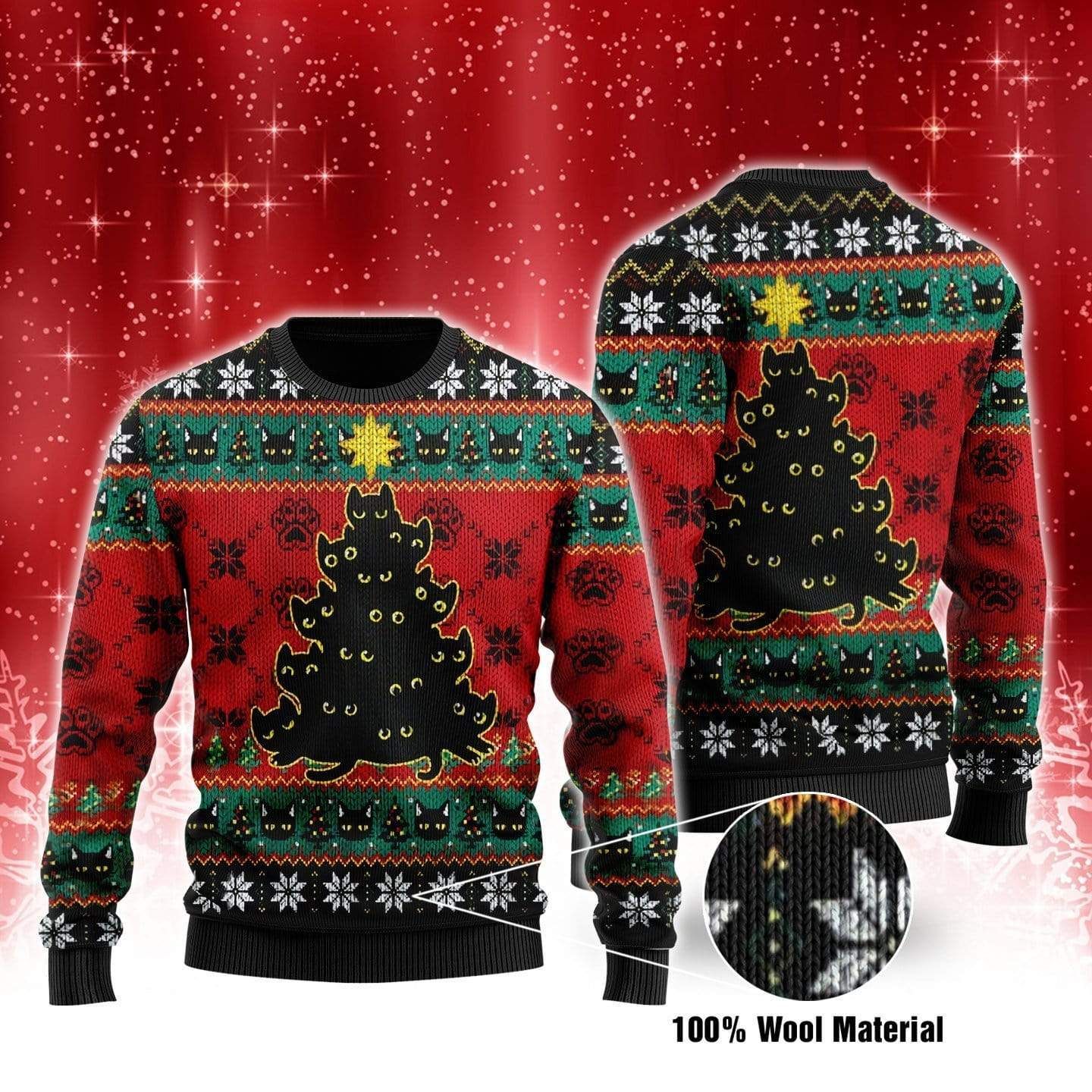 Cat Ugly Christmas Sweater Black Cat Christmas Tree Cat Paws Pattern Black Sweater 3326