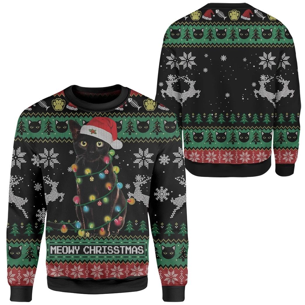 Cat Ugly Sweater Meowy Christmas Black Cat Christmas Pattern Black Sweater 1890