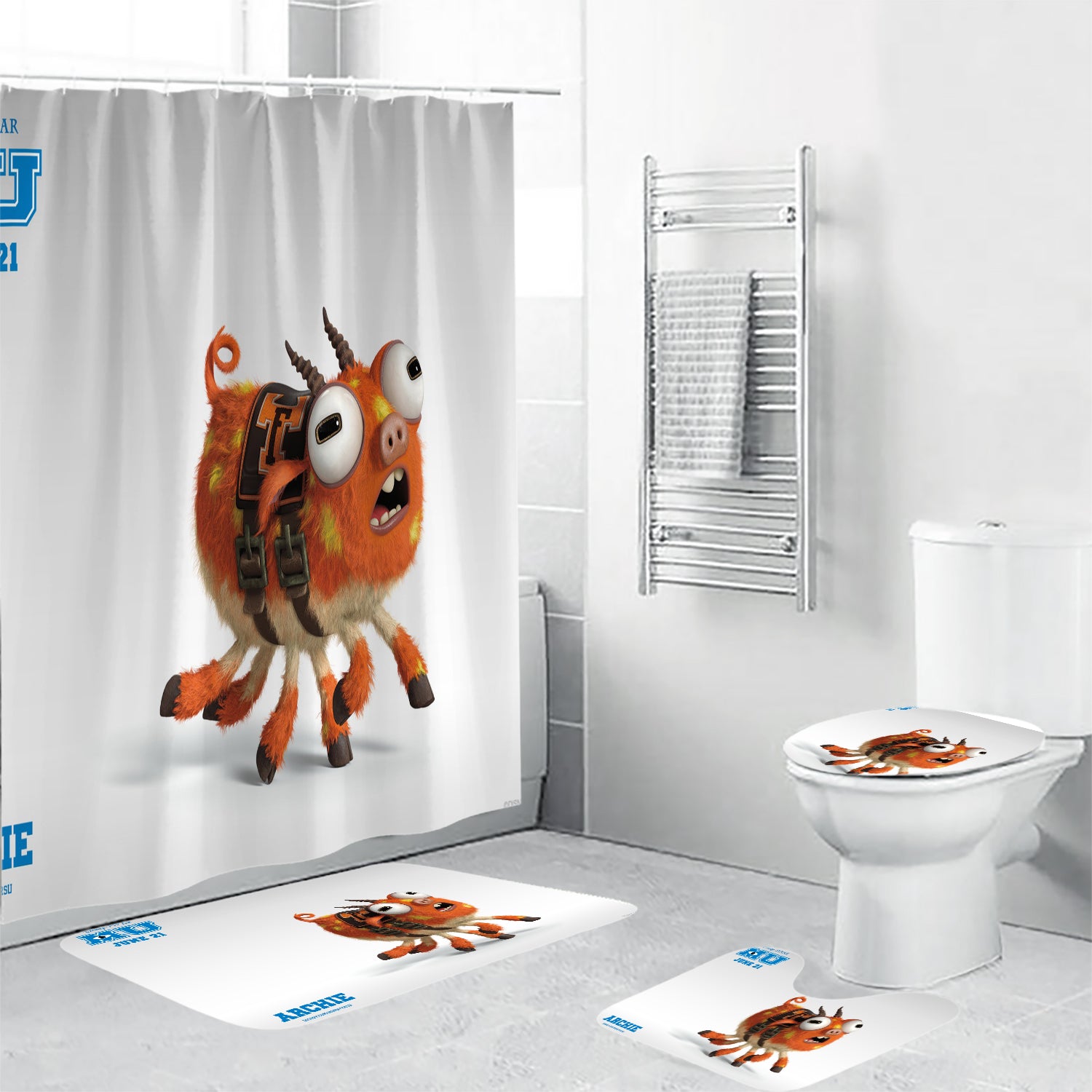 Characters Archie Monsters Inc Monsters University Movie Disney Pixar Waterproof Shower Curtain Non-Slip Toilet Lid Cover Bath Mat - Bathroom Set
