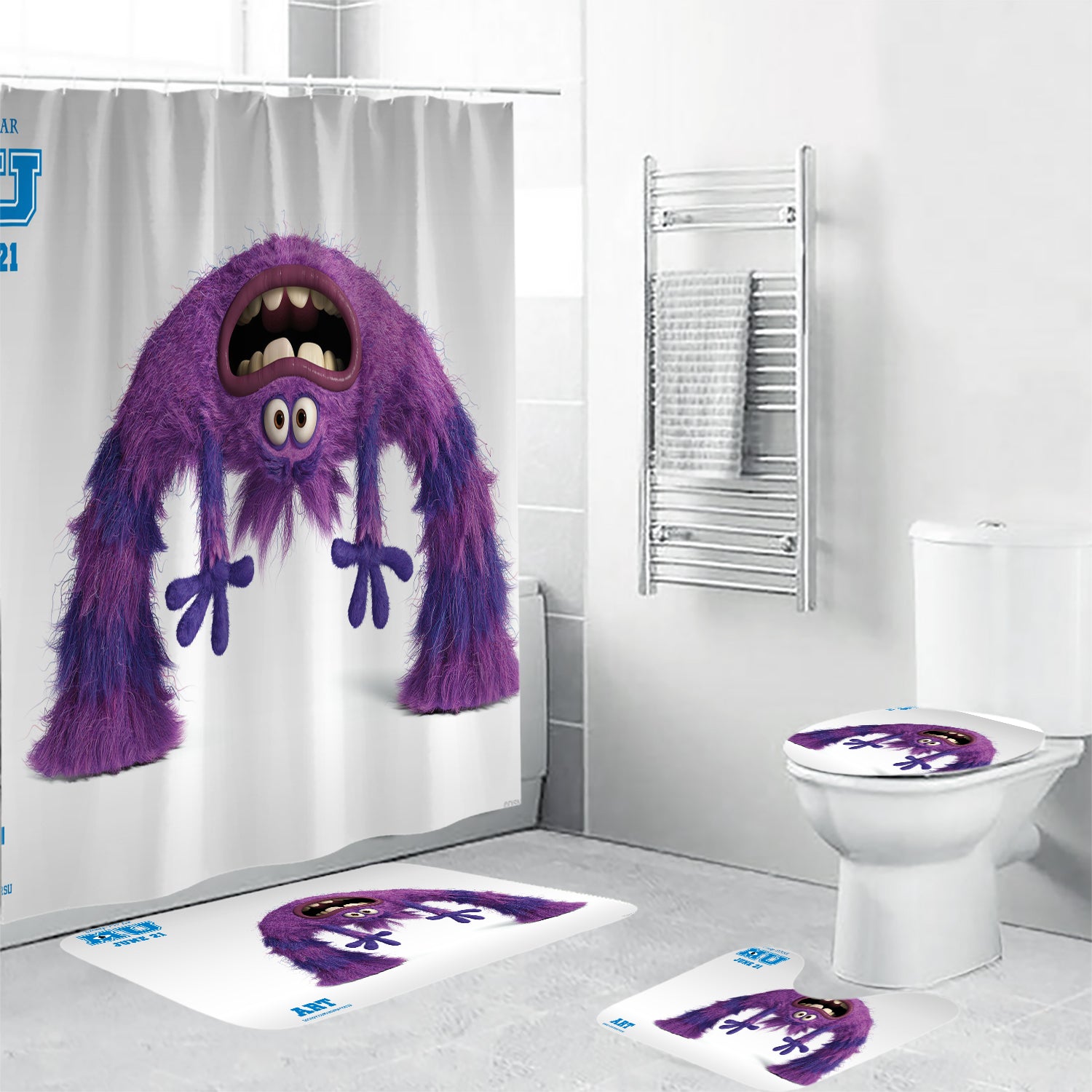 Characters Art Monsters Inc Monsters University Movie Disney Pixar Waterproof Shower Curtain Non-Slip Toilet Lid Cover Bath Mat - Bathroom Set