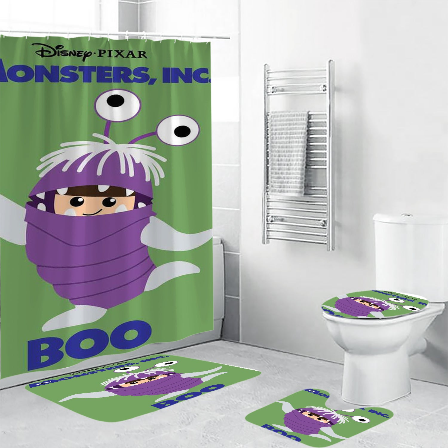 Characters Boo Monsters Inc Monsters University Movie Disney Pixar Waterproof Shower Curtain Non-Slip Toilet Lid Cover Bath Mat - Bathroom Set