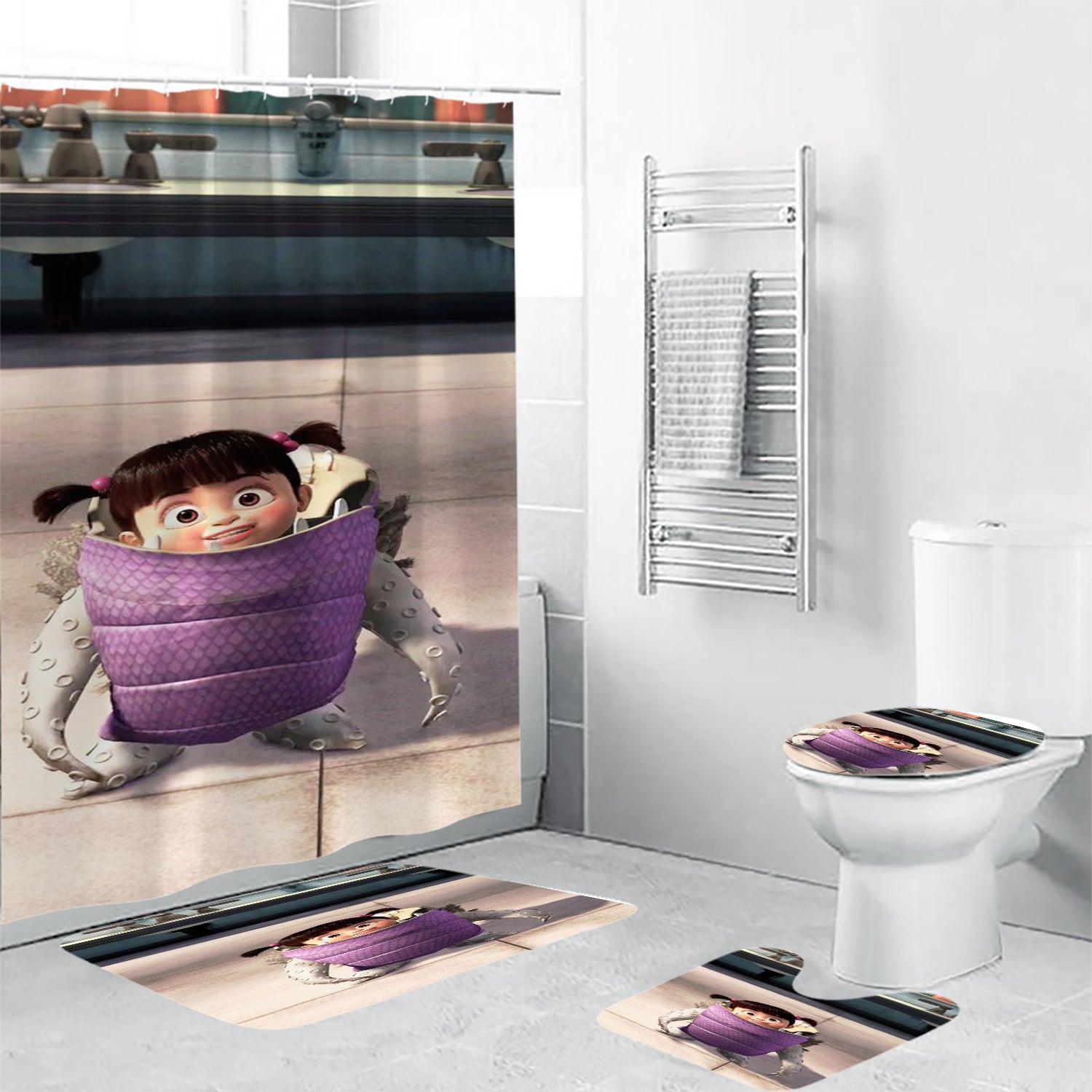 Characters Boo v2 Monsters Inc Monsters University Movie Disney Pixar Waterproof Shower Curtain Non-Slip Toilet Lid Cover Bath Mat - Bathroom Set