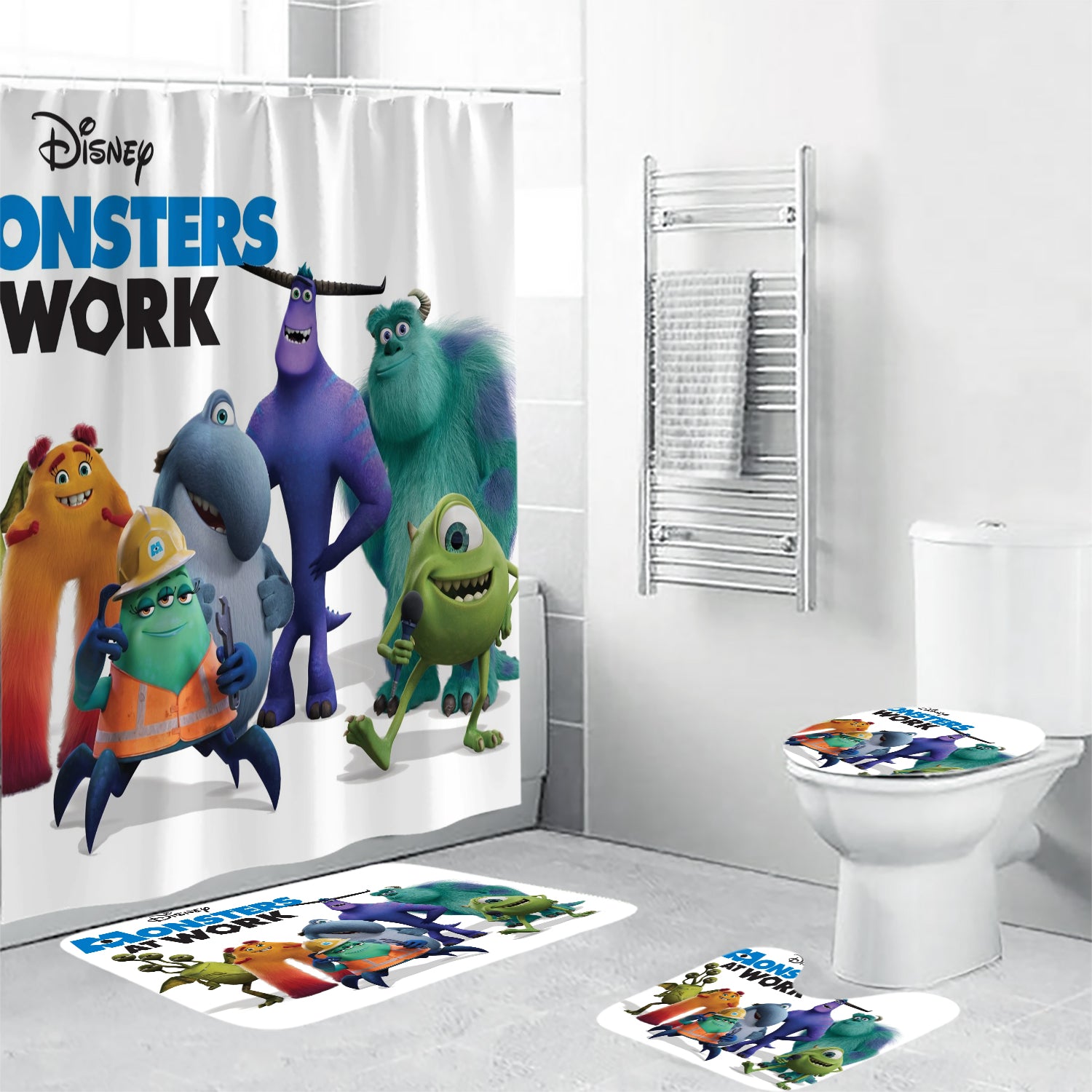 Characters Monster At Work Monsters Inc Monsters University Movie Disney Pixar Waterproof Shower Curtain Non-Slip Toilet Lid Cover Bath Mat - Bathroom Set