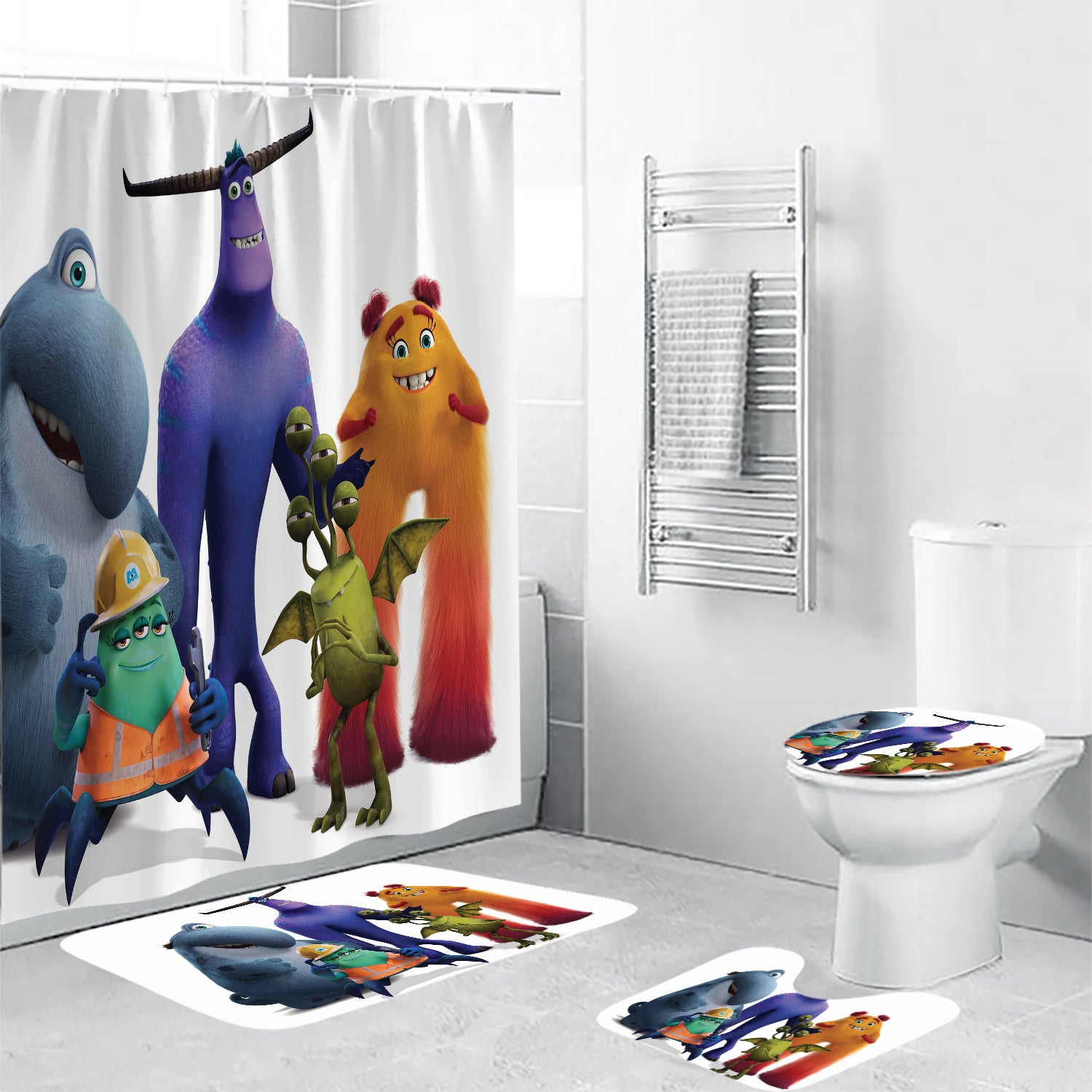 Characters Monster At Work v2 Monsters Inc Monsters University Movie Disney Pixar Waterproof Shower Curtain Non-Slip Toilet Lid Cover Bath Mat - Bathroom Set