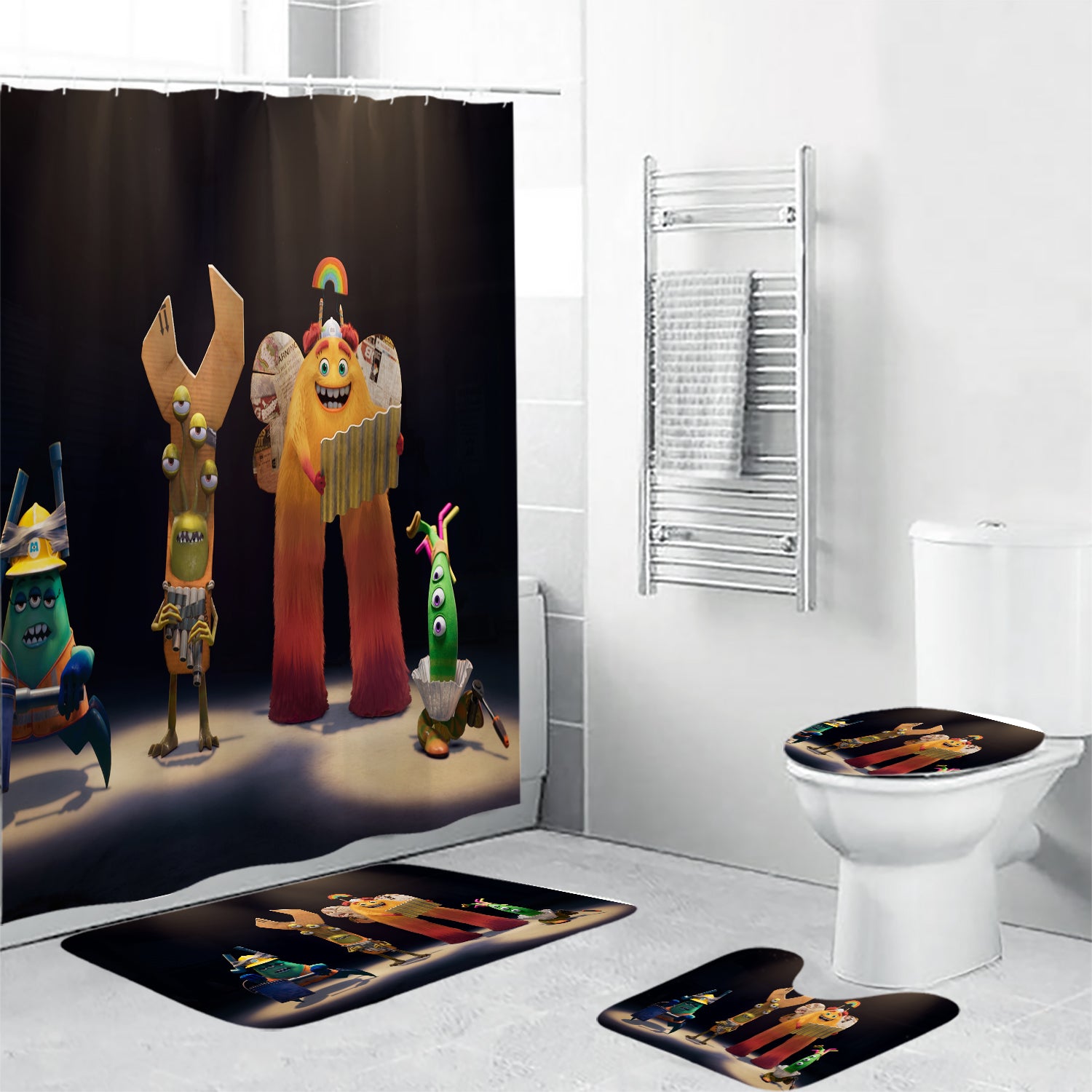 Characters Monster At Work v3 Monsters Inc Monsters University Movie Disney Pixar Waterproof Shower Curtain Non-Slip Toilet Lid Cover Bath Mat - Bathroom Set