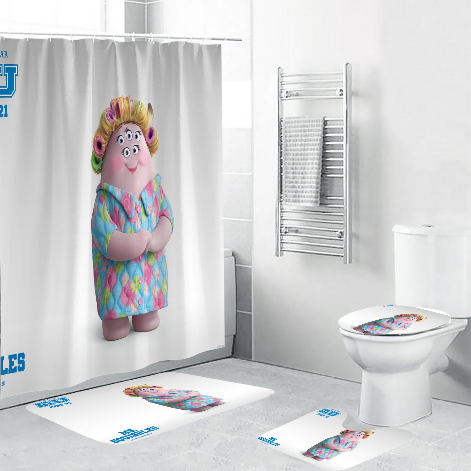 Characters Ms Squibbles Monsters Inc Monsters University Movie Disney Pixar Waterproof Shower Curtain Non-Slip Toilet Lid Cover Bath Mat - Bathroom Set