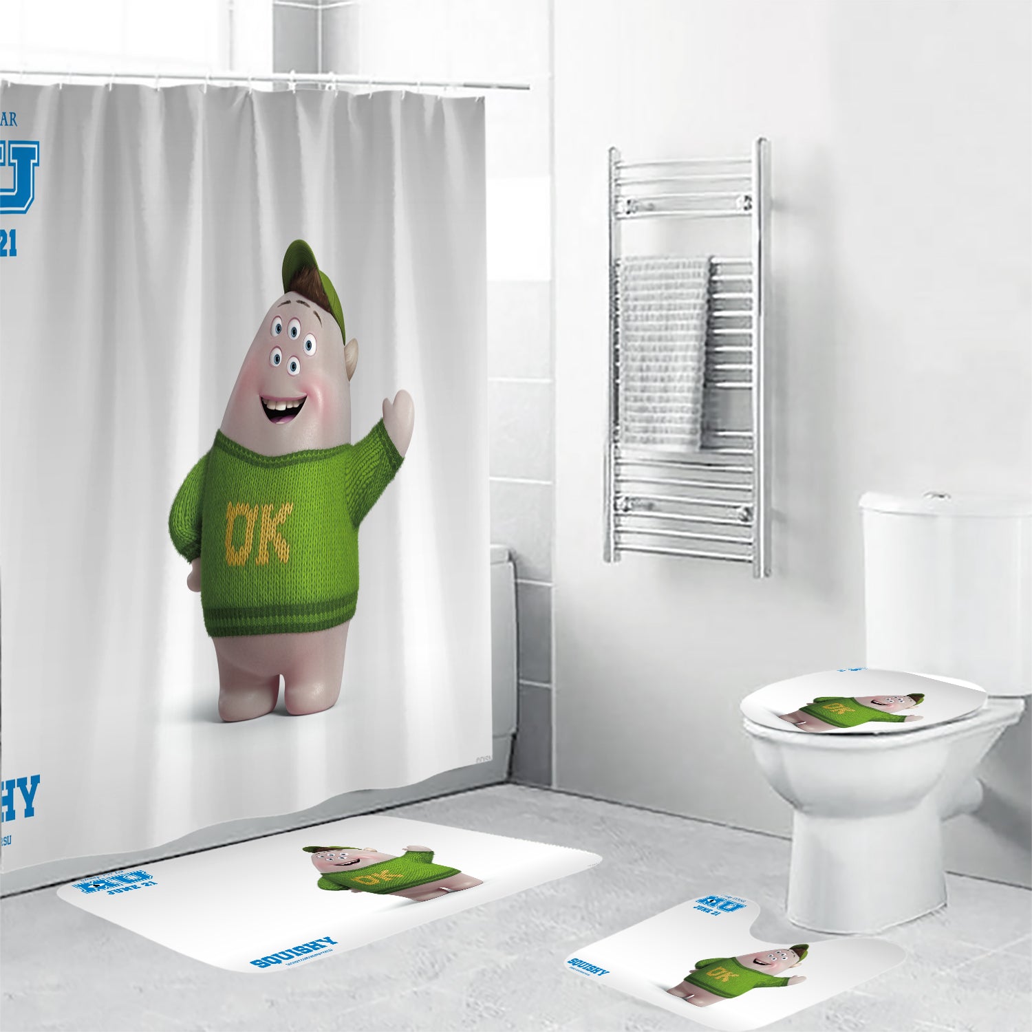 Characters Squishy Monsters Inc Monsters University Movie Disney Pixar Waterproof Shower Curtain Non-Slip Toilet Lid Cover Bath Mat - Bathroom Set