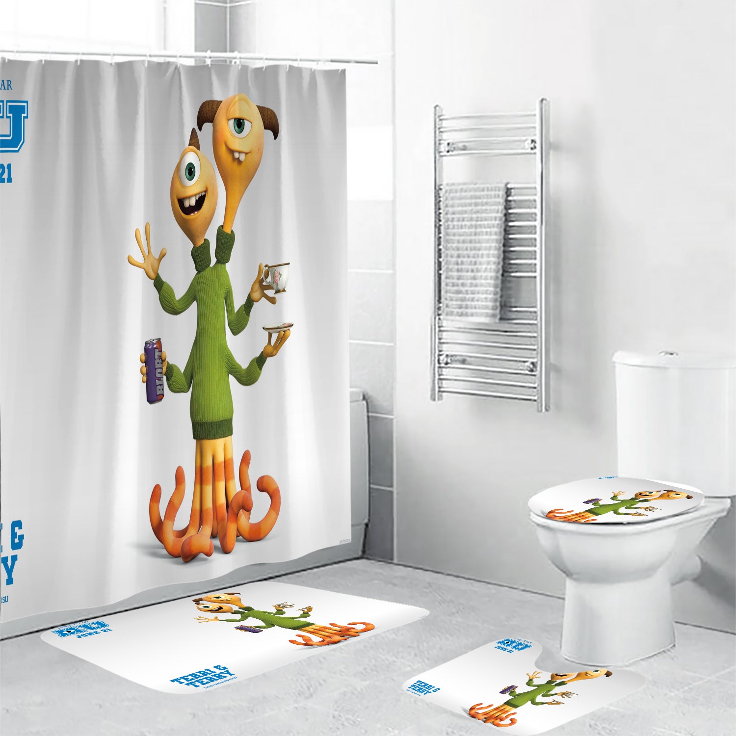 Characters Terri and Terry Monsters Inc Monsters University Movie Disney Pixar Waterproof Shower Curtain Non-Slip Toilet Lid Cover Bath Mat - Bathroom Set