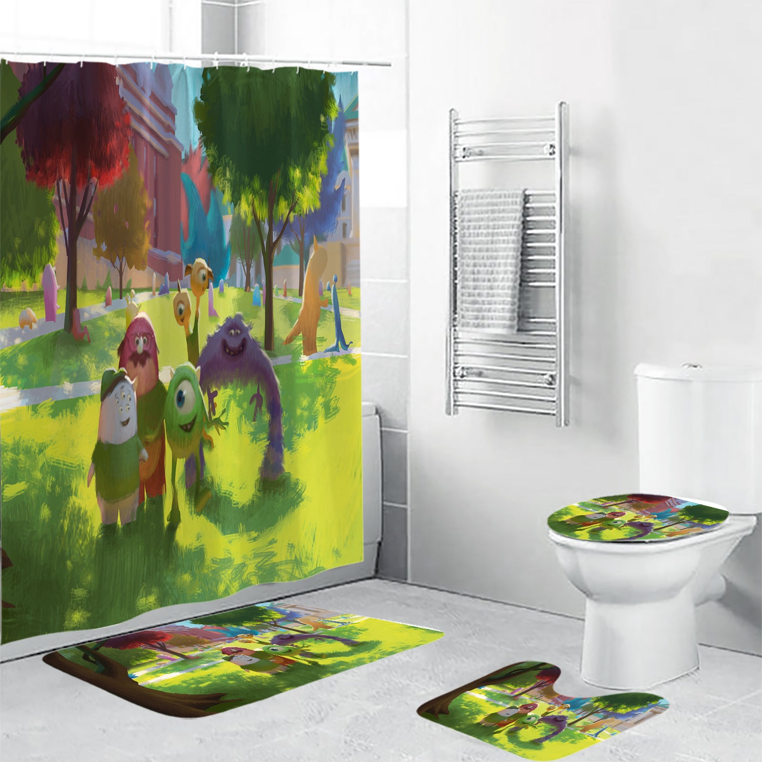 Characters v10 Monsters Inc Monsters University Movie Disney Pixar Waterproof Shower Curtain Non-Slip Toilet Lid Cover Bath Mat - Bathroom Set