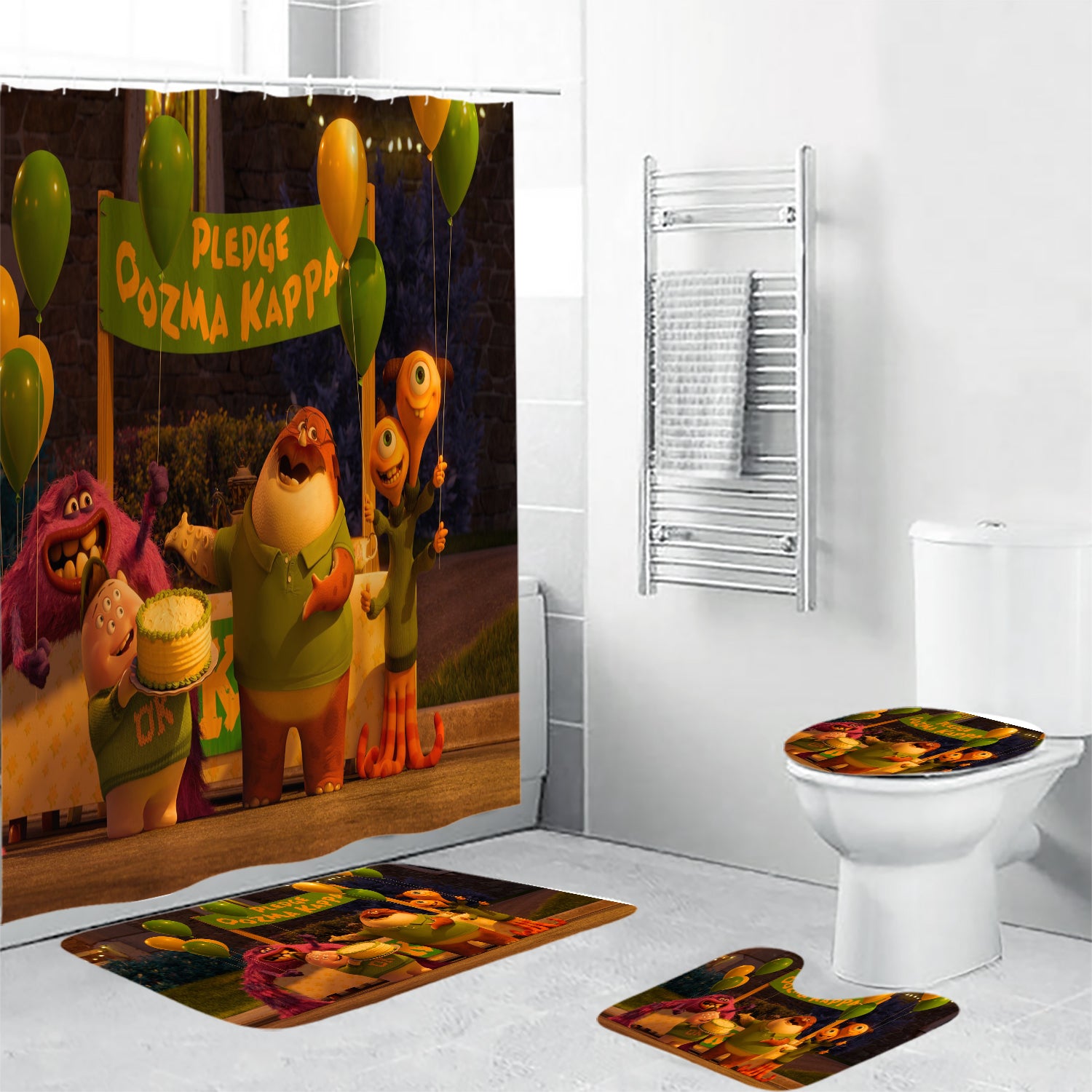 Characters v11 Monsters Inc Monsters University Movie Disney Pixar Waterproof Shower Curtain Non-Slip Toilet Lid Cover Bath Mat - Bathroom Set