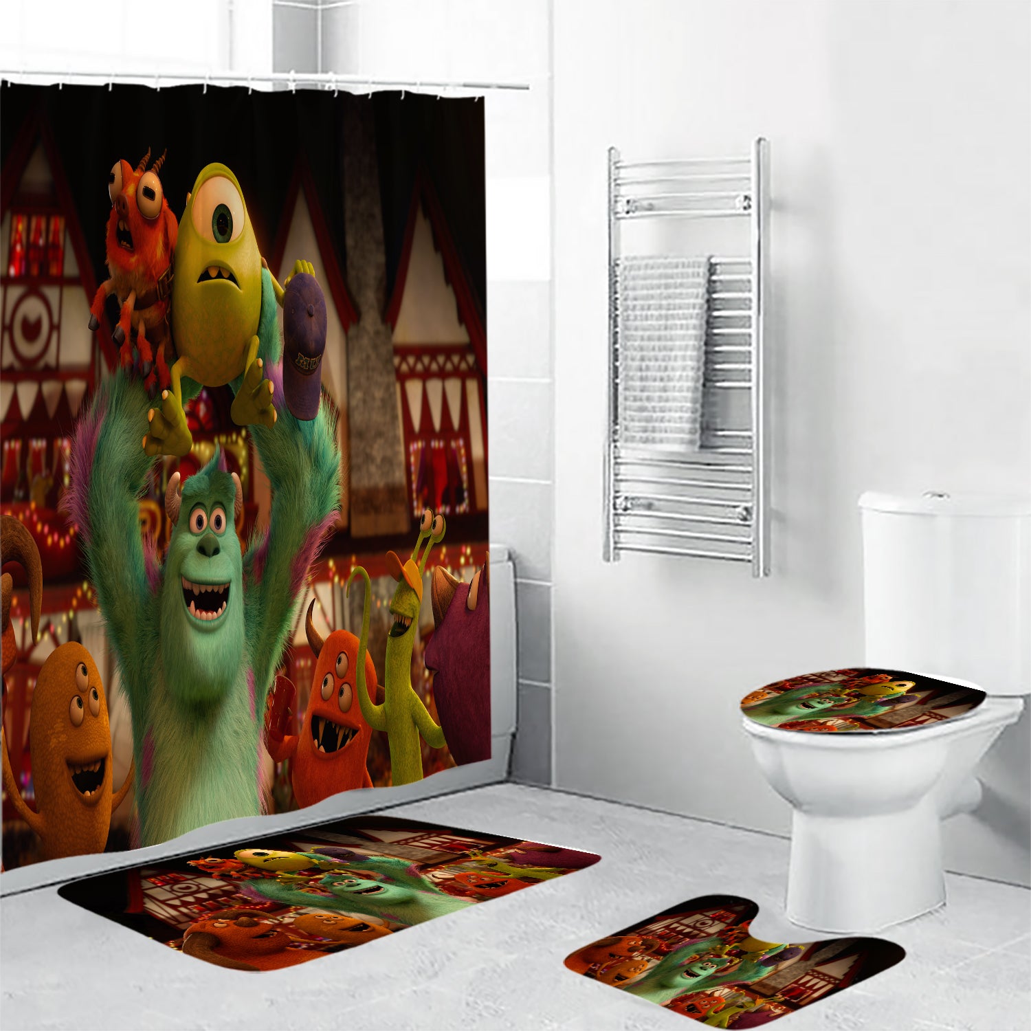 Characters v13 Monsters Inc Monsters University Movie Disney Pixar Waterproof Shower Curtain Non-Slip Toilet Lid Cover Bath Mat - Bathroom Set