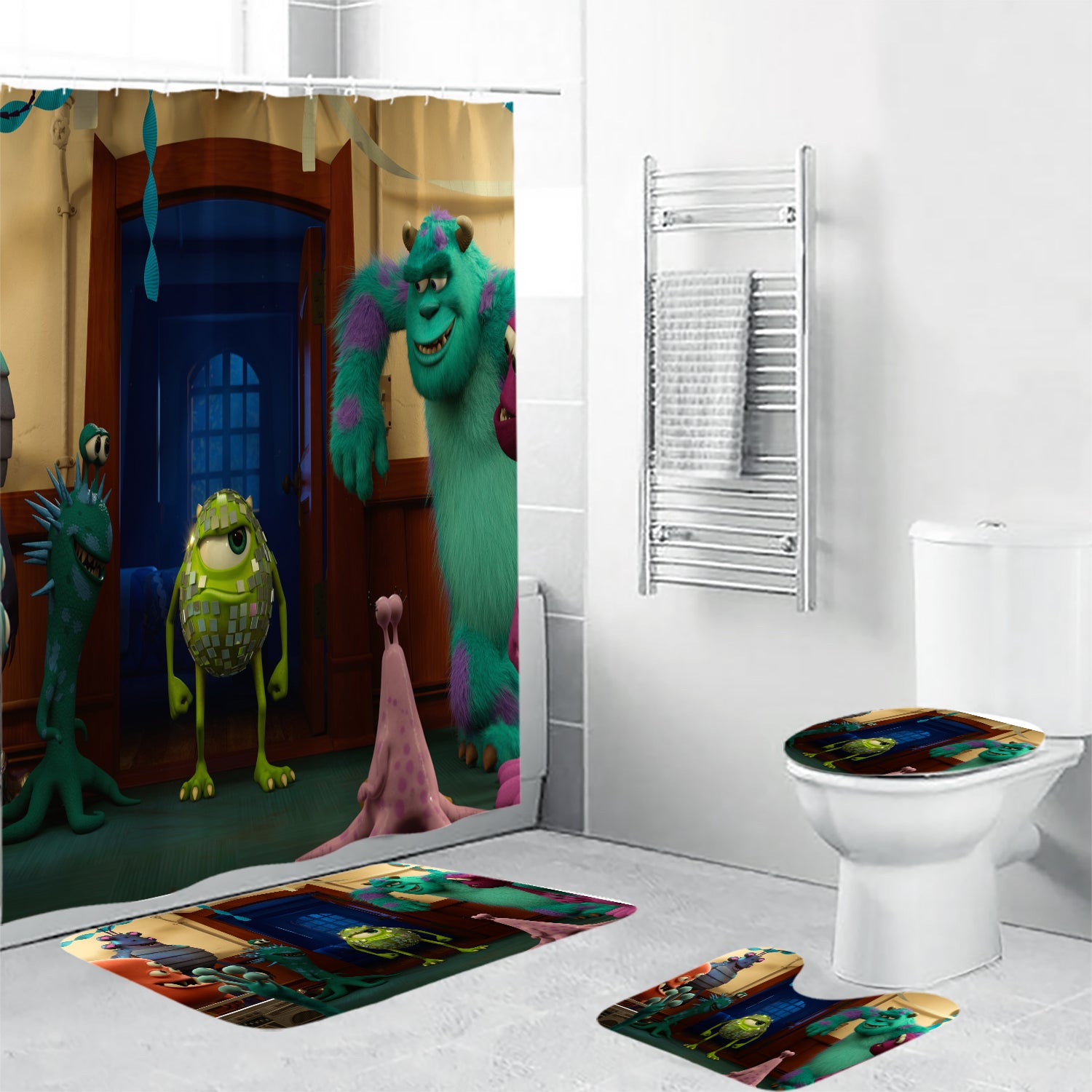 Characters v14 Monsters Inc Monsters University Movie Disney Pixar Waterproof Shower Curtain Non-Slip Toilet Lid Cover Bath Mat - Bathroom Set