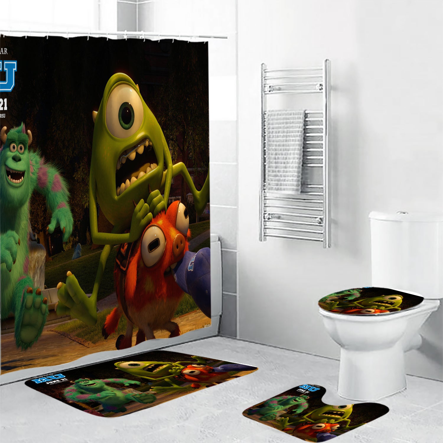 Characters v15 Monsters Inc Monsters University Movie Disney Pixar Waterproof Shower Curtain Non-Slip Toilet Lid Cover Bath Mat - Bathroom Set