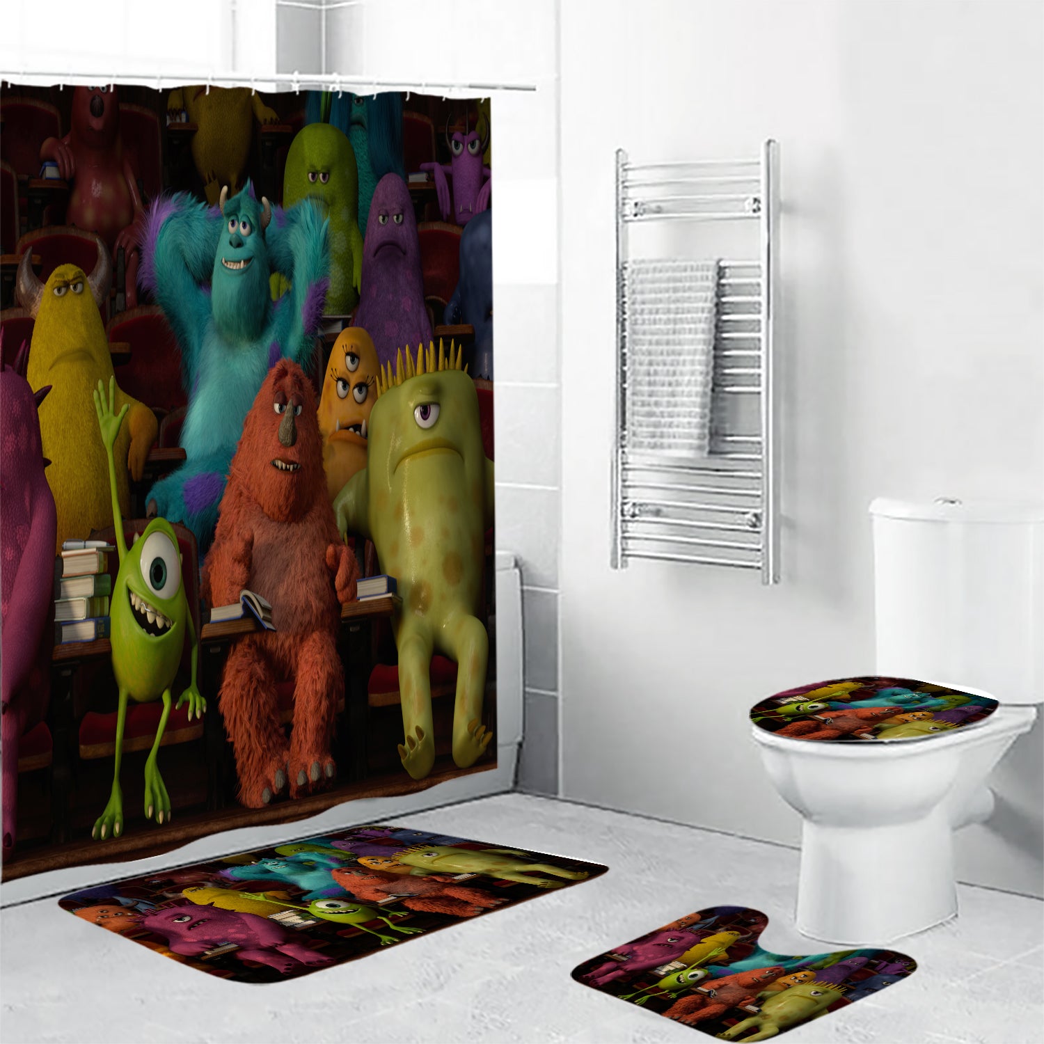 Characters v16 Monsters Inc Monsters University Movie Disney Pixar Waterproof Shower Curtain Non-Slip Toilet Lid Cover Bath Mat - Bathroom Set