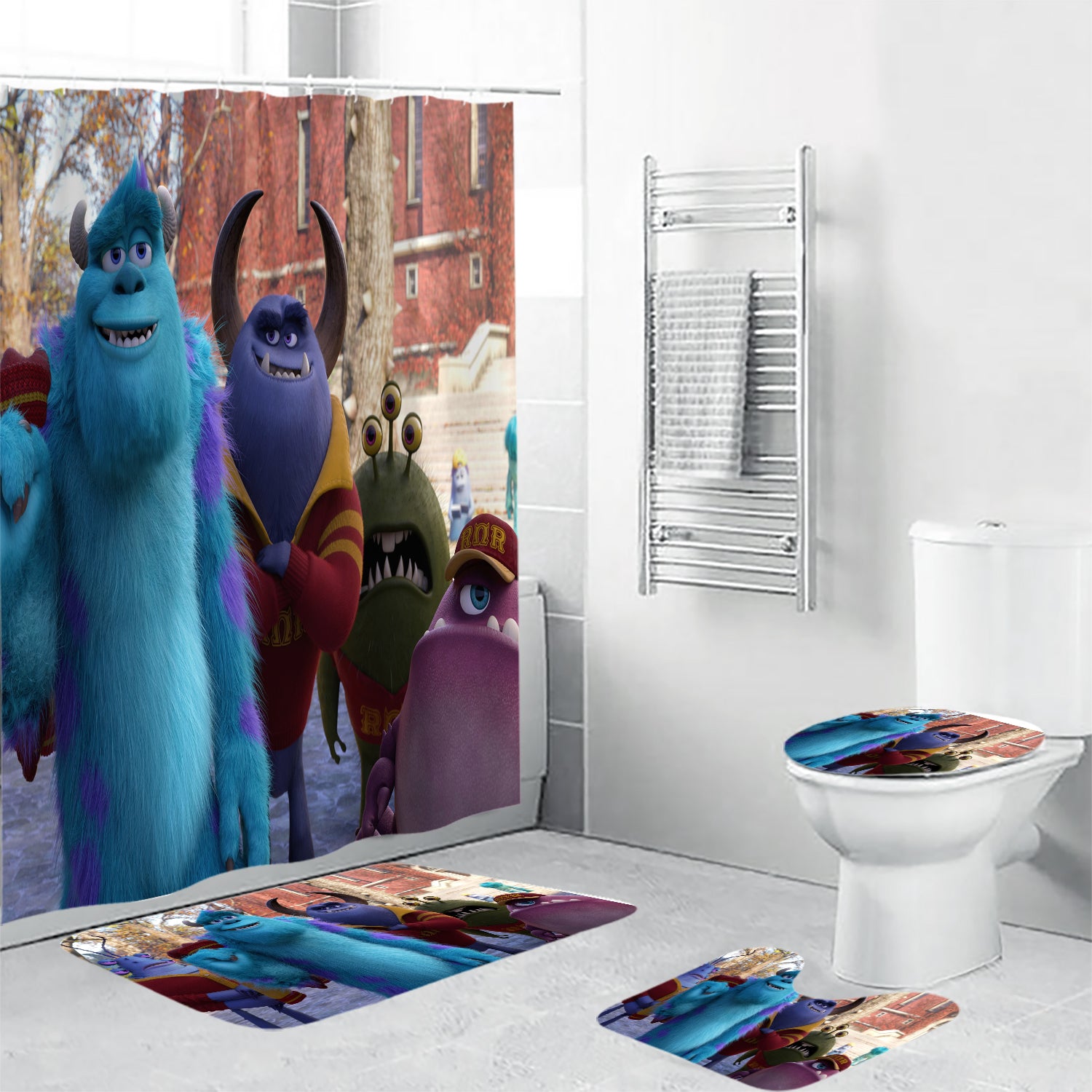 Characters v17 Monsters Inc Monsters University Movie Disney Pixar Waterproof Shower Curtain Non-Slip Toilet Lid Cover Bath Mat - Bathroom Set