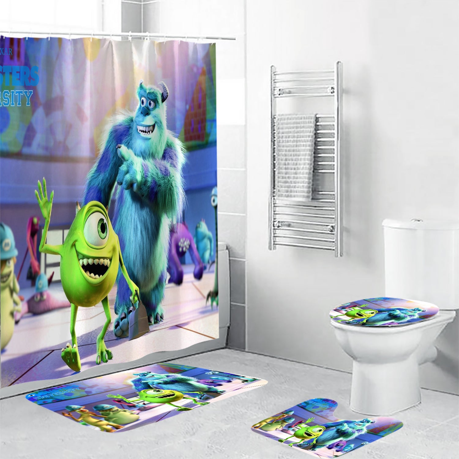Characters v18 Monsters Inc Monsters University Movie Disney Pixar Waterproof Shower Curtain Non-Slip Toilet Lid Cover Bath Mat - Bathroom Set