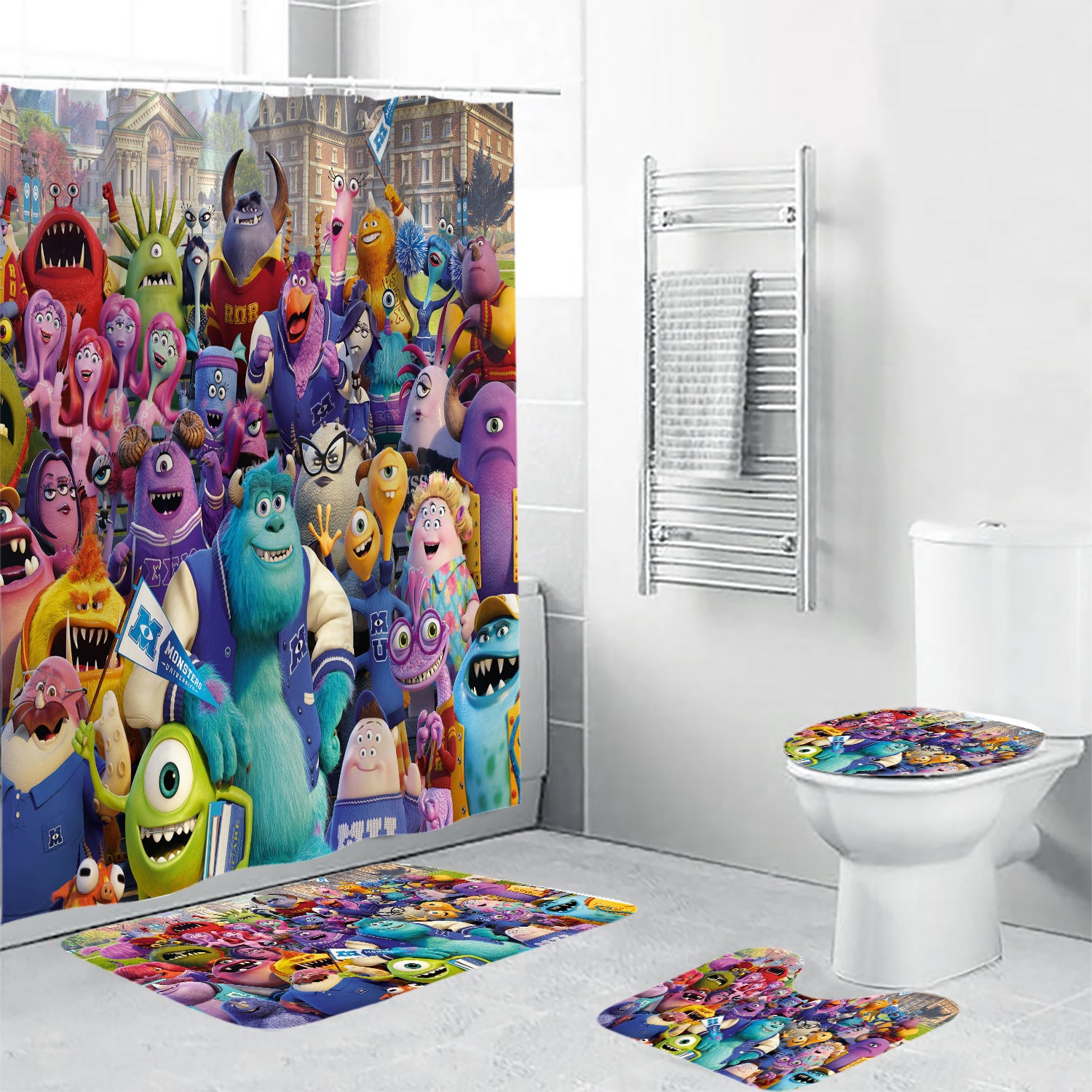Characters v1 Monsters Inc Monsters University Movie Disney Pixar Waterproof Shower Curtain Non-Slip Toilet Lid Cover Bath Mat - Bathroom Set