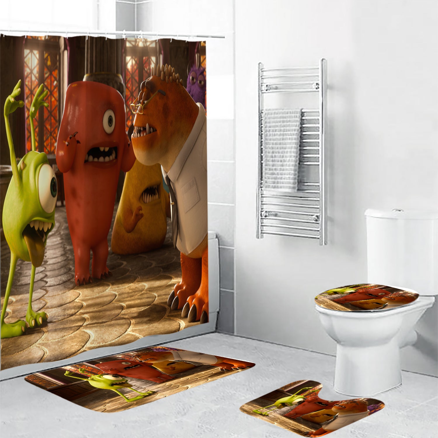 Characters v21 Monsters Inc Monsters University Movie Disney Pixar Waterproof Shower Curtain Non-Slip Toilet Lid Cover Bath Mat - Bathroom Set