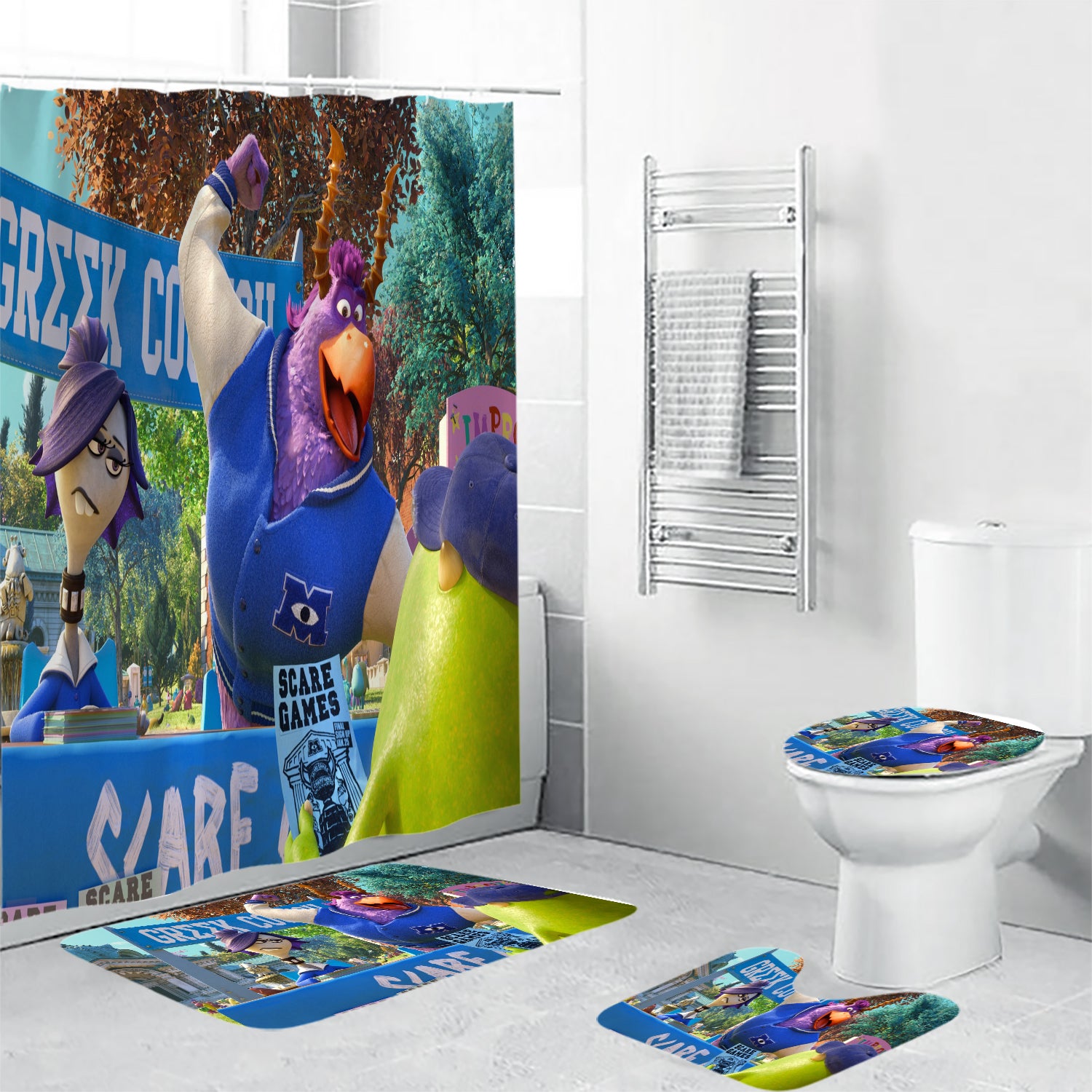 Characters v23 Monsters Inc Monsters University Movie Disney Pixar Waterproof Shower Curtain Non-Slip Toilet Lid Cover Bath Mat - Bathroom Set