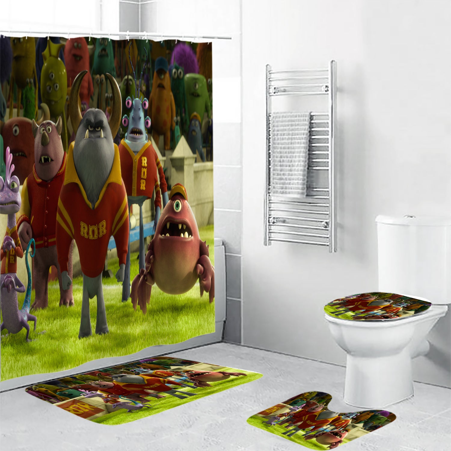 Characters v25 Monsters Inc Monsters University Movie Disney Pixar Waterproof Shower Curtain Non-Slip Toilet Lid Cover Bath Mat - Bathroom Set