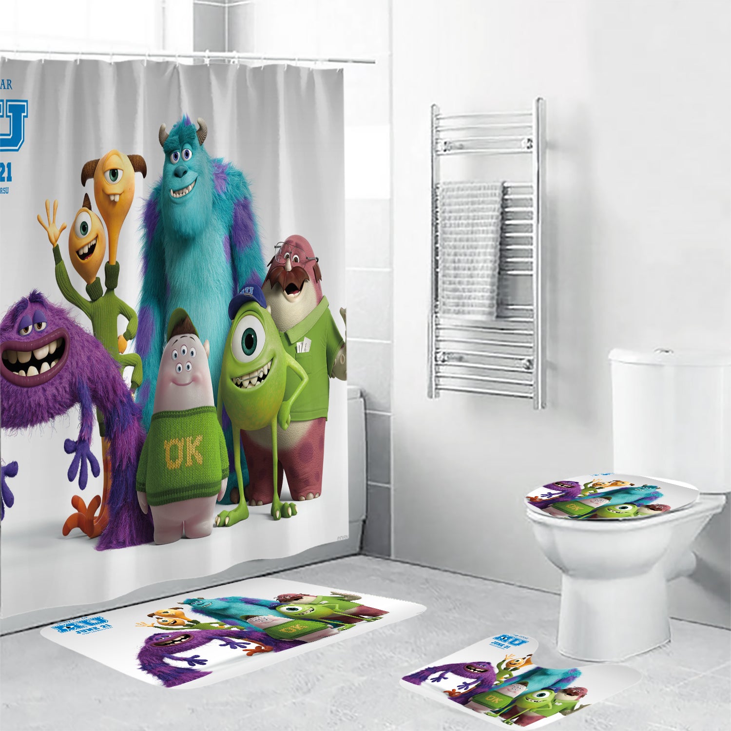 Characters v2 Monsters Inc Monsters University Movie Disney Pixar Waterproof Shower Curtain Non-Slip Toilet Lid Cover Bath Mat - Bathroom Set