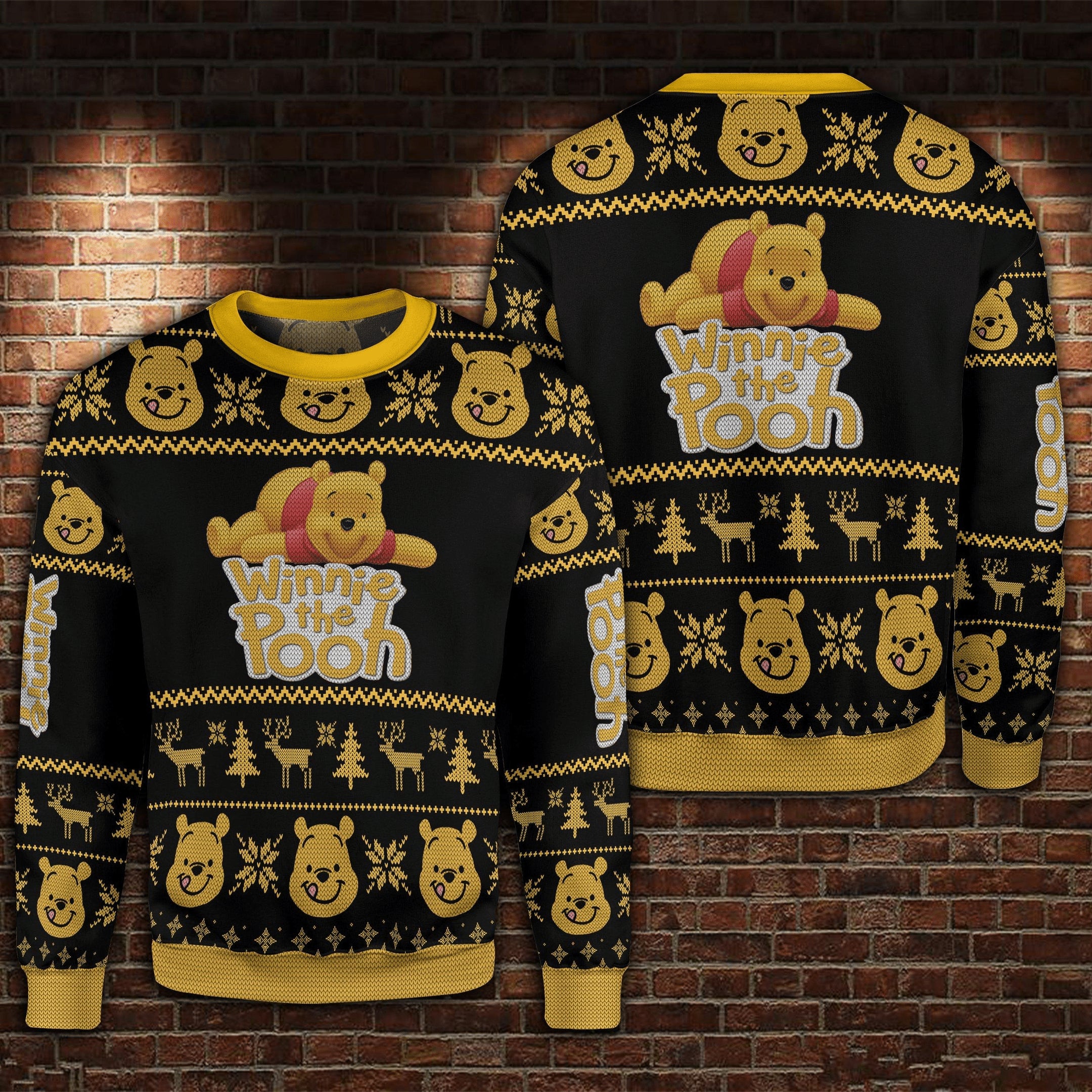 Disney Chrsitmas Ugly Sweater Winnie The Pooh Christmas Snowflakes Reindeer Black Yellow Sweater 4327