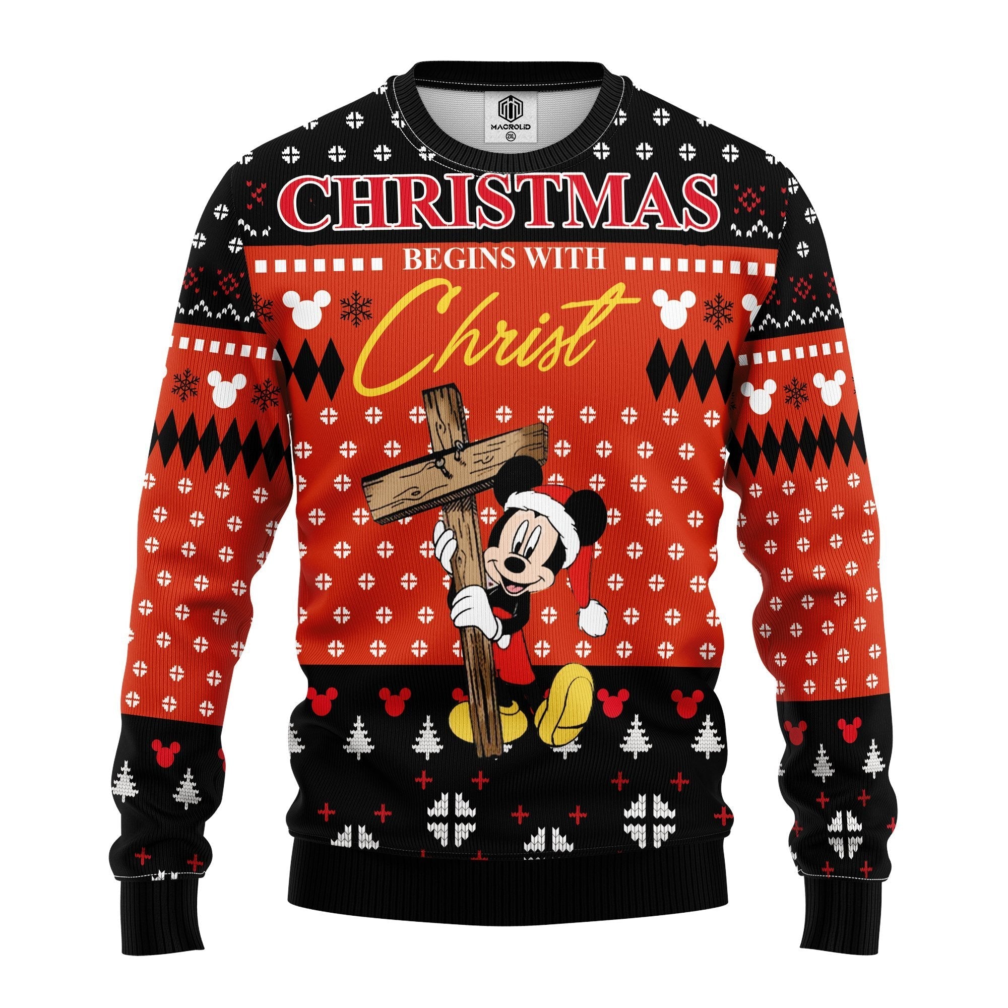 Disney Sweater Christmas Begins With Christ MK Mouse Black Red Ugly Sweater Cute Disney MK Mouse Ugly Sweater 1849