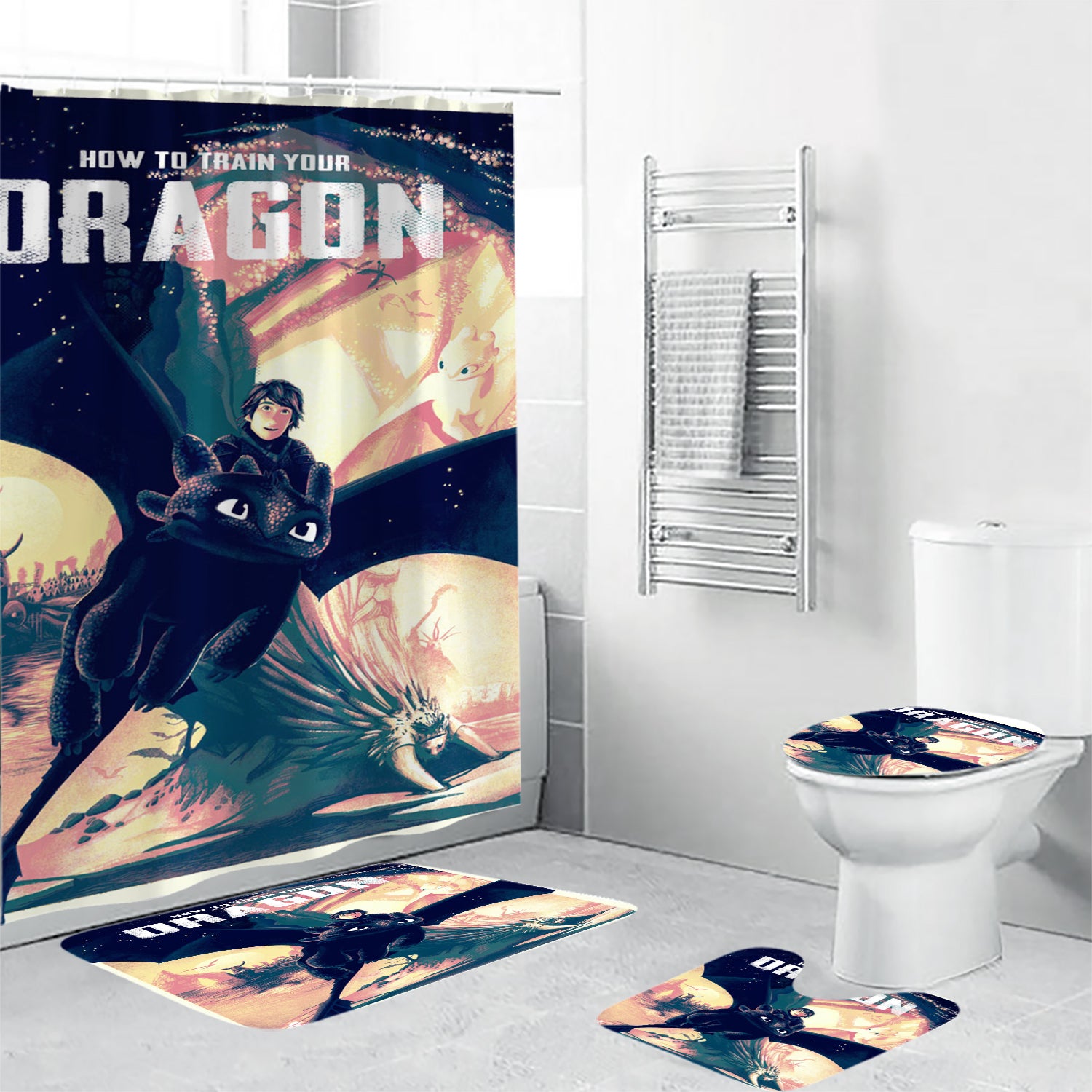 How to Train Your Dragon Poster 6 Waterproof Shower Curtain Non-Slip Toilet Lid Cover Bath Mat - Bathroom Set