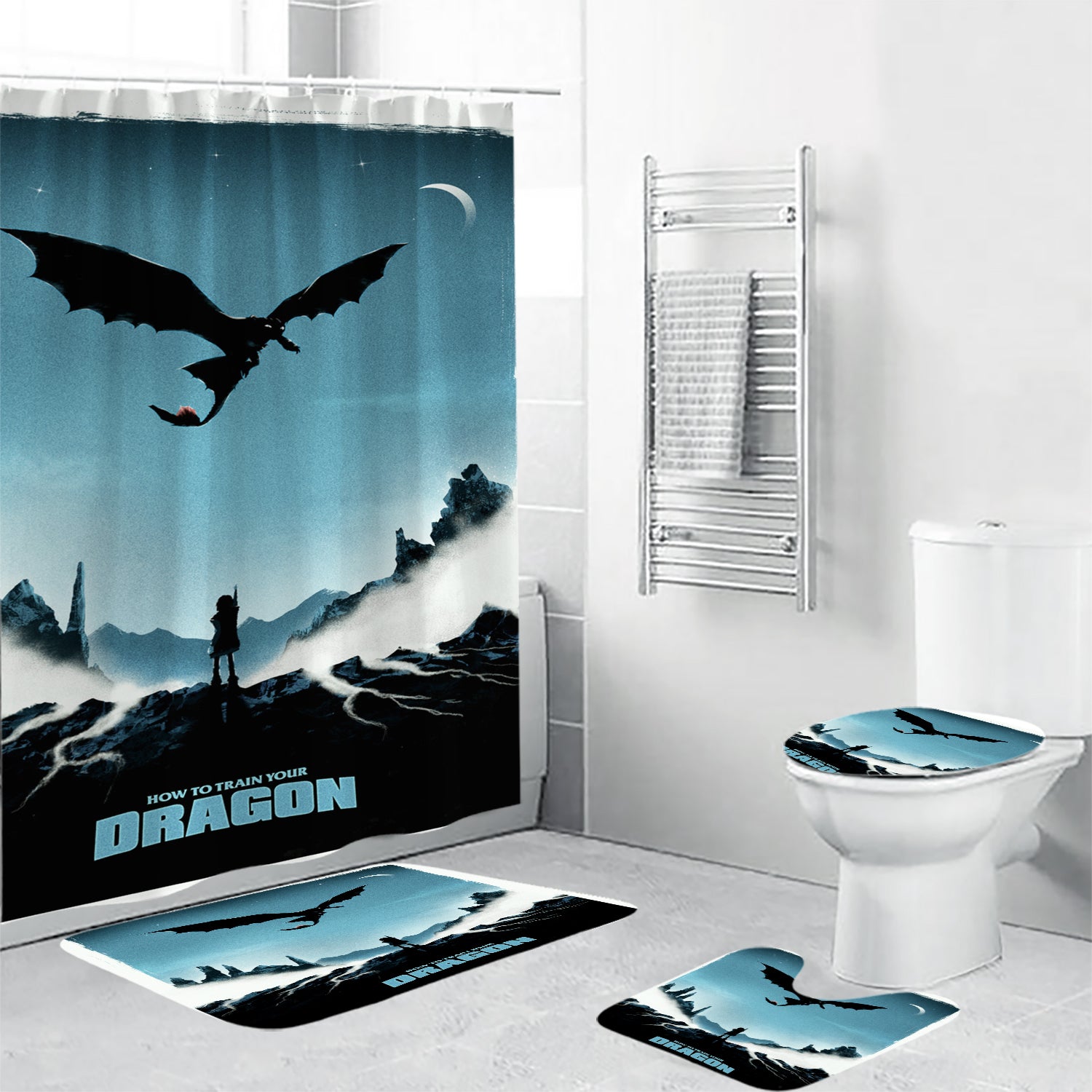 How to Train Your Dragon Poster 7 Waterproof Shower Curtain Non-Slip Toilet Lid Cover Bath Mat - Bathroom Set