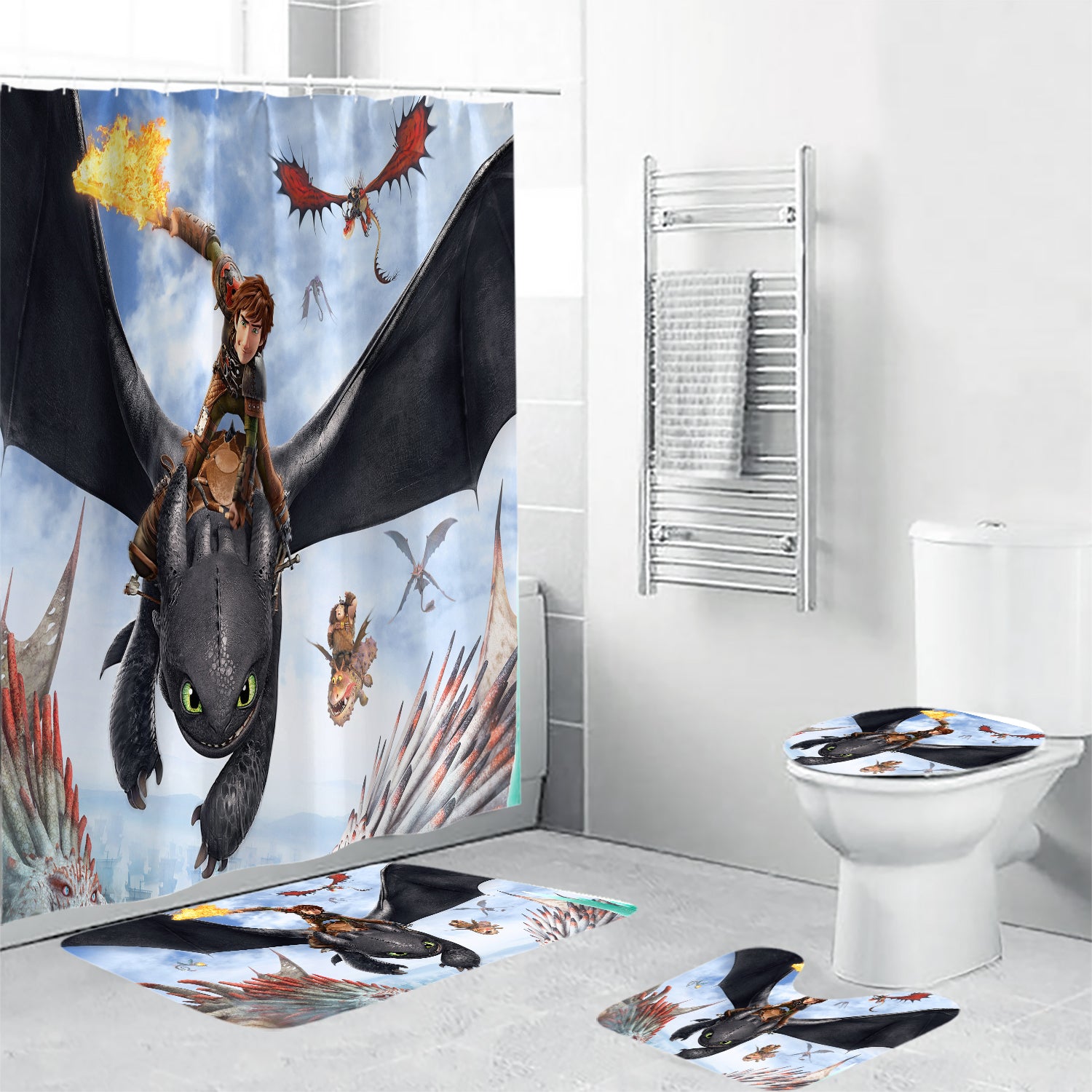 How to Train Your Dragon Poster 8 Waterproof Shower Curtain Non-Slip Toilet Lid Cover Bath Mat - Bathroom Set