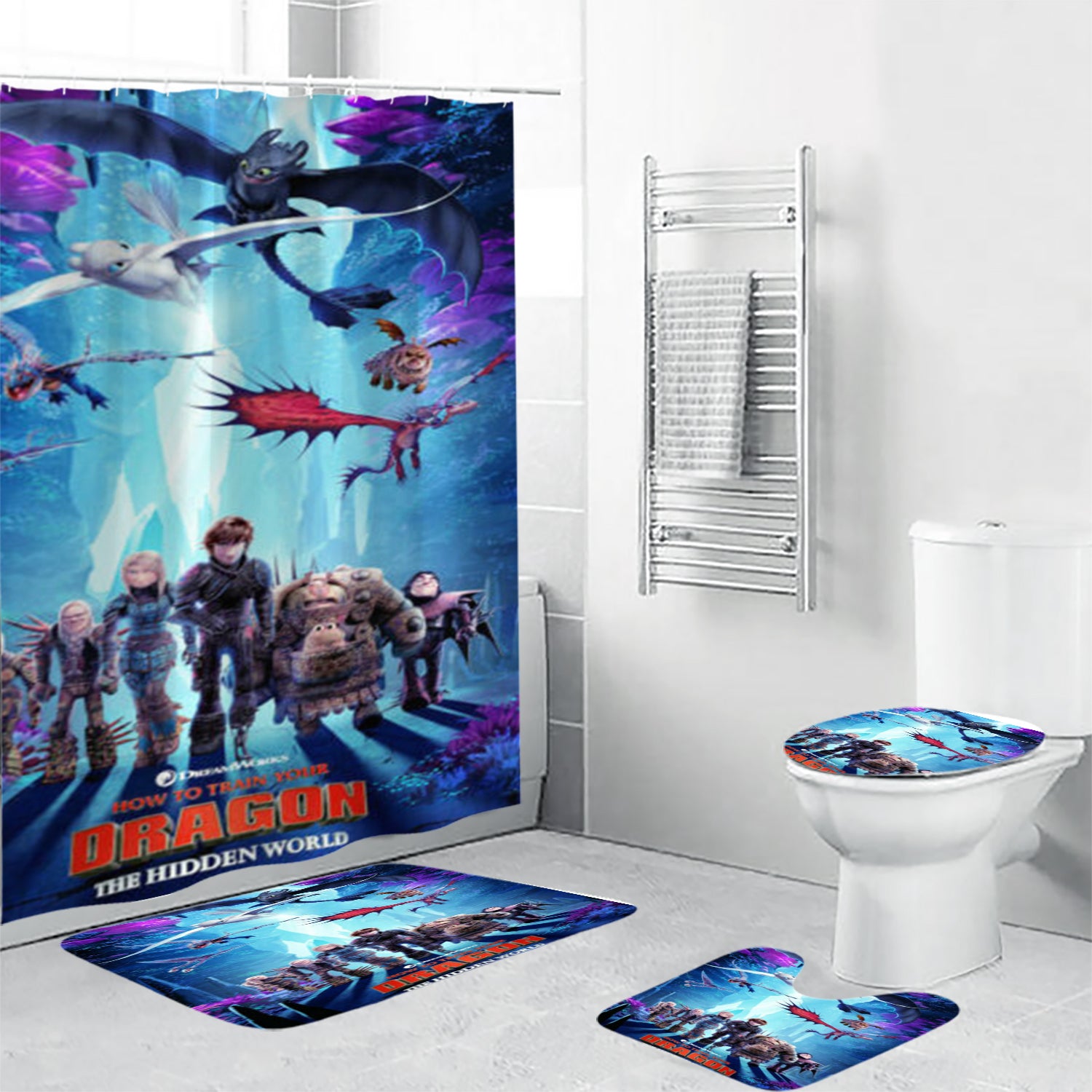 How to Train Your Dragon Poster 9 Waterproof Shower Curtain Non-Slip Toilet Lid Cover Bath Mat - Bathroom Set