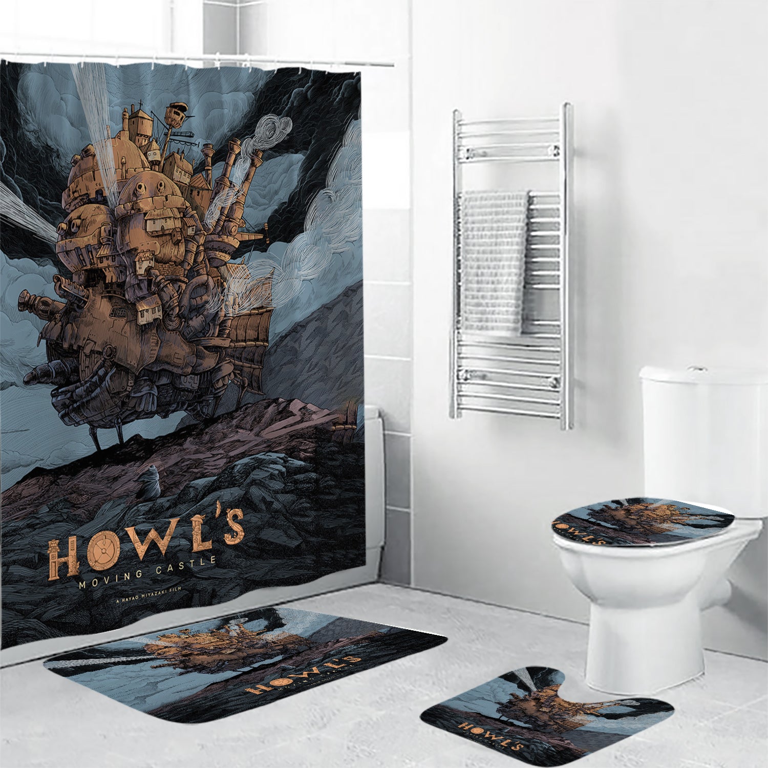 Howl's Moving Castle Poster 2 4PCS Shower Curtain Non-Slip Toilet Lid Cover Bath Mat - Bathroom Set Fans Gifts
