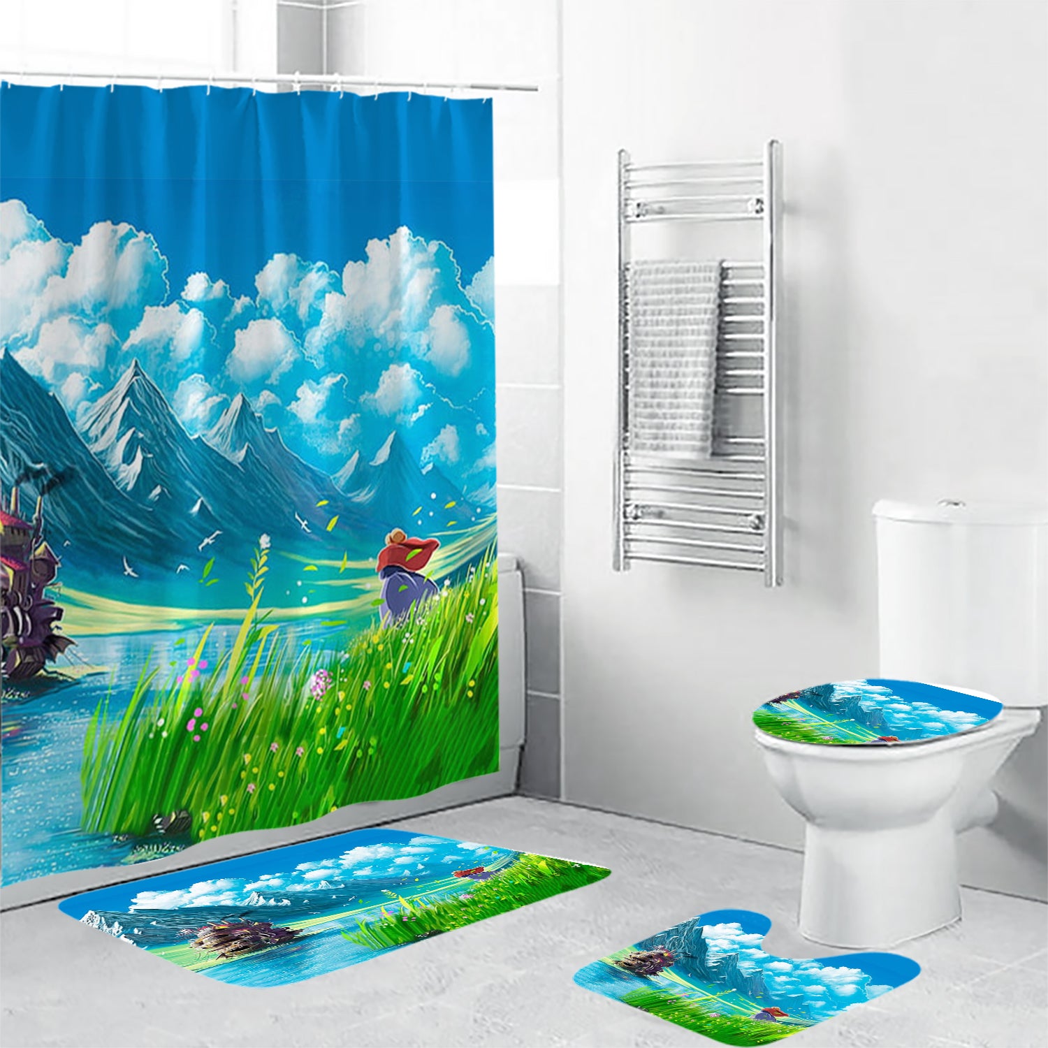Howl's Moving Castle Poster 3 4PCS Shower Curtain Non-Slip Toilet Lid Cover Bath Mat - Bathroom Set Fans Gifts