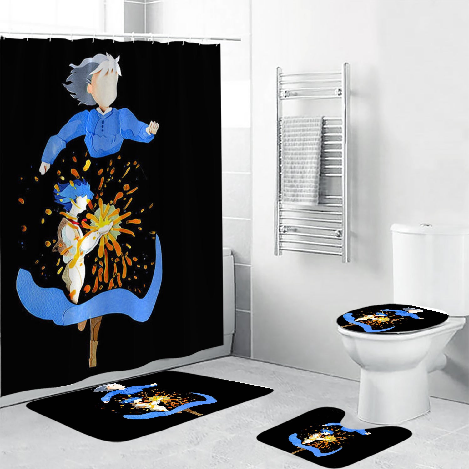 Howl's Moving Castle Poster 4 4PCS Shower Curtain Non-Slip Toilet Lid Cover Bath Mat - Bathroom Set Fans Gifts