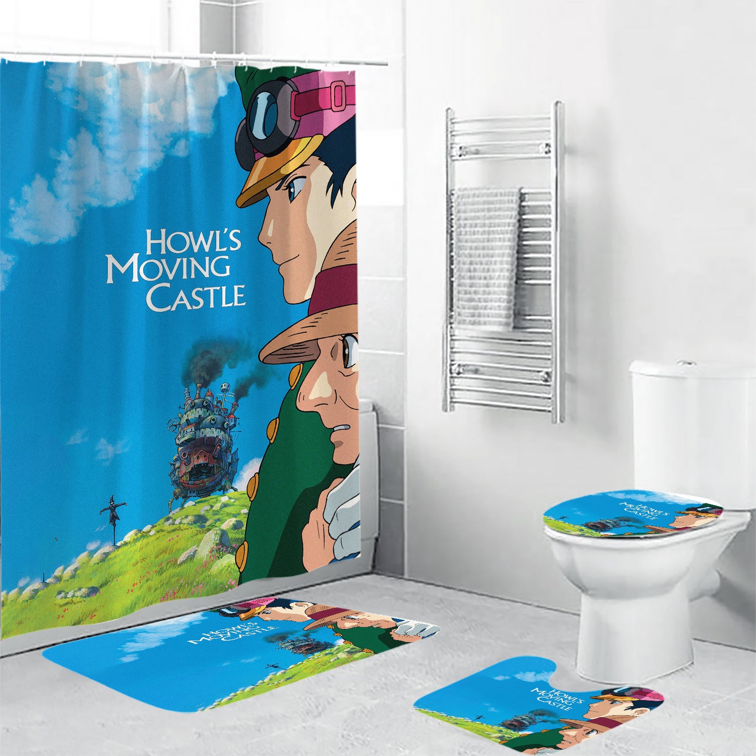 Howl's Moving Castle Poster 7 4PCS Shower Curtain Non-Slip Toilet Lid Cover Bath Mat - Bathroom Set Fans Gifts
