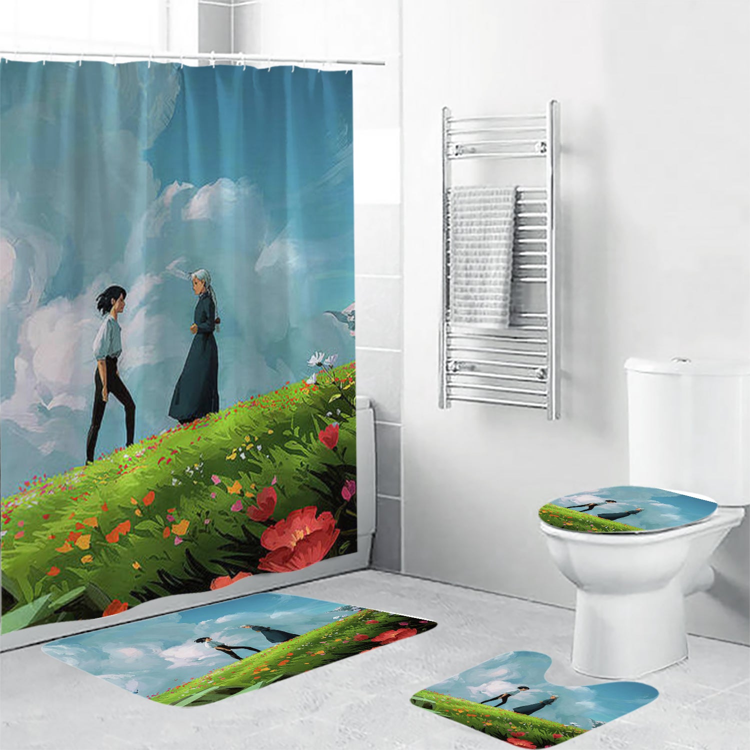 Howl's Moving Castle Poster 8 4PCS Shower Curtain Non-Slip Toilet Lid Cover Bath Mat - Bathroom Set Fans Gifts