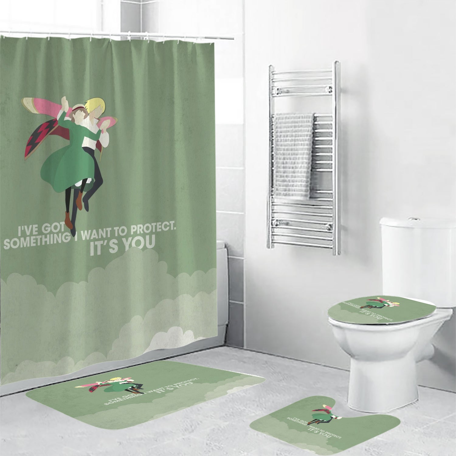 Howl's Moving Castle Poster 9 4PCS Shower Curtain Non-Slip Toilet Lid Cover Bath Mat - Bathroom Set Fans Gifts